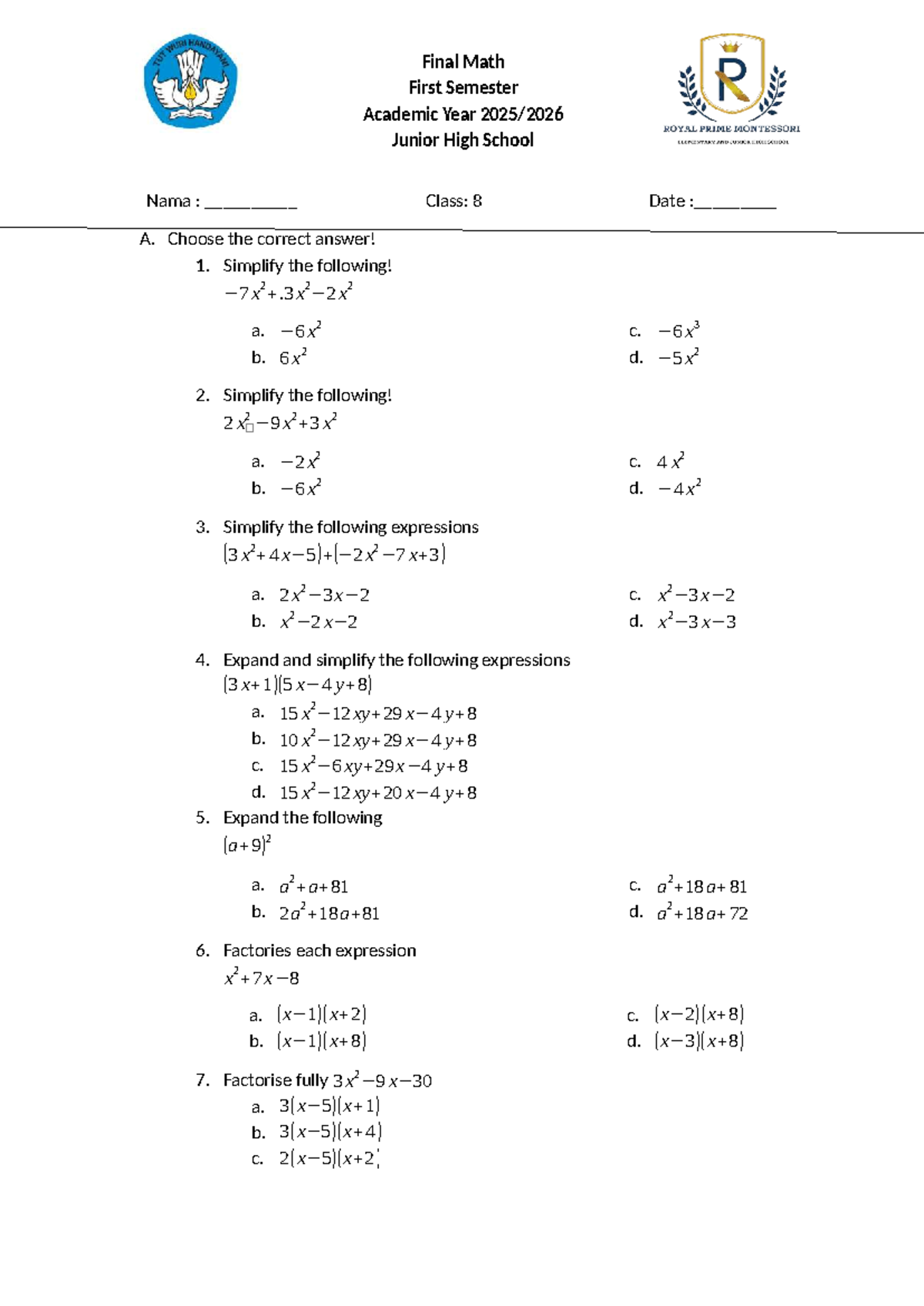 Final Exam Math Grade 8 - First Semester Review - Studocu