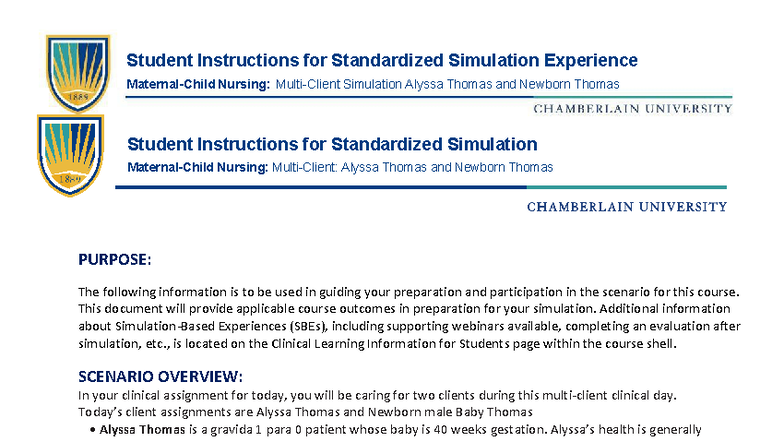 Student Instructions for Standardized Simulation: Nursing (Maternal ...