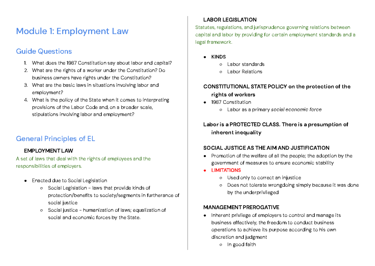LLAW 116 Midterm Review: Employment Law Principles and Rights - Studocu