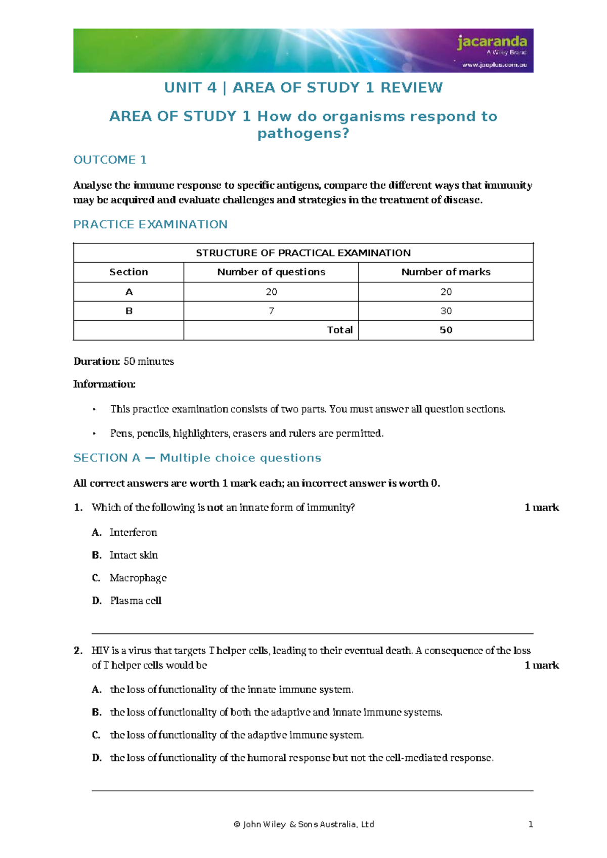 Unit 4: Area of Study 1 - Immune Response Practice Exam - Studocu