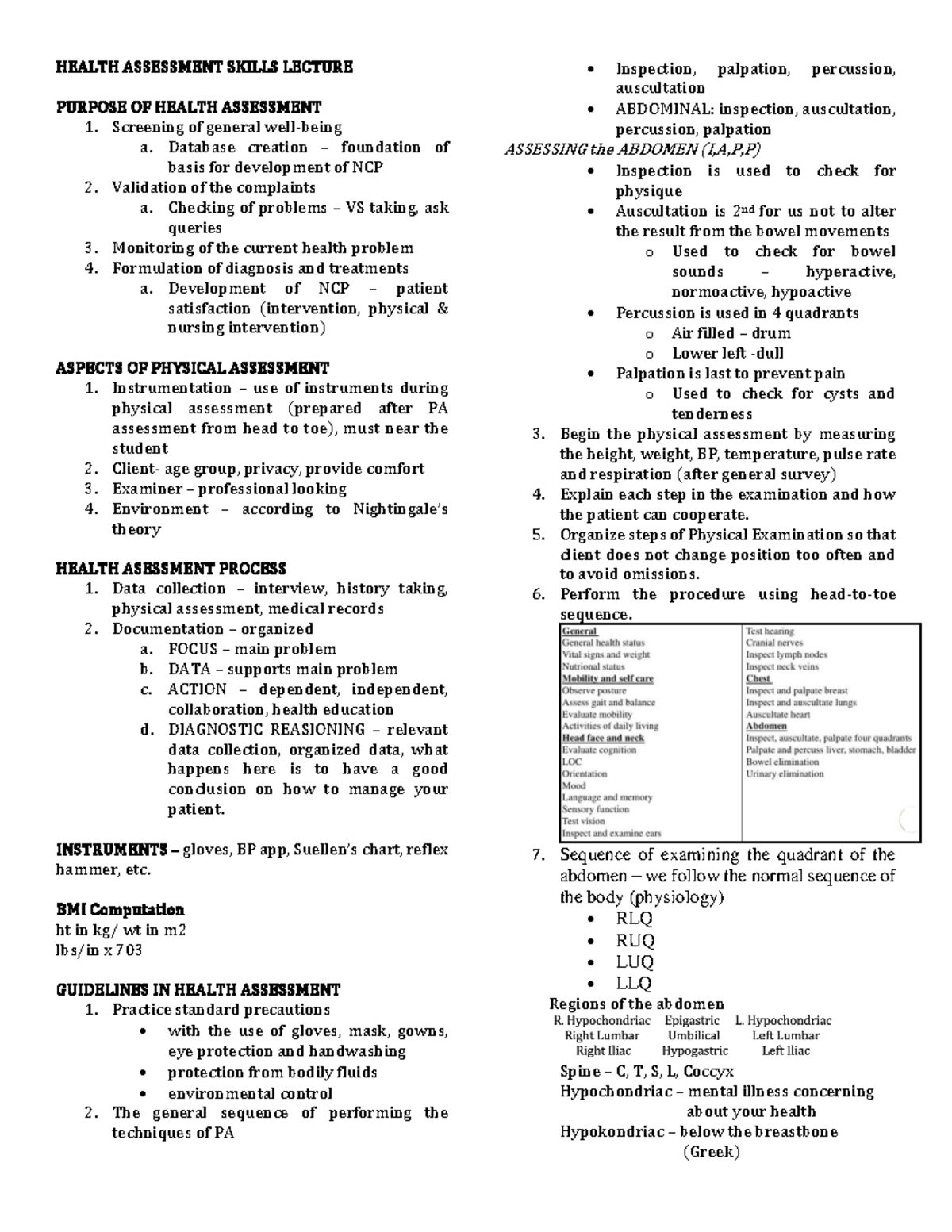 Health Assessment Nursing Lecture Notes - Bachelor of Science in ...