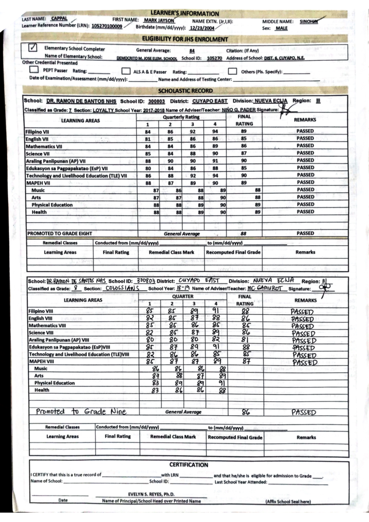 Form 137 - Academic Records of Mark Jayson Cappal - Studocu