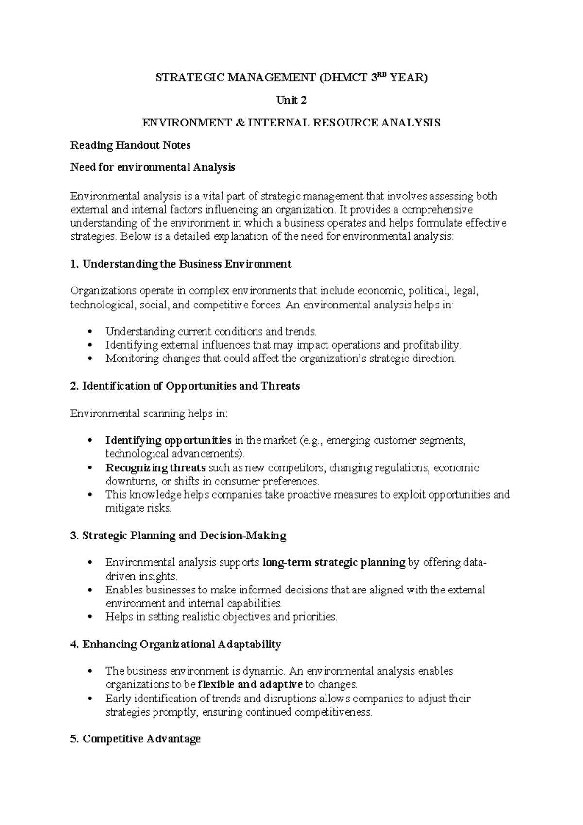 Strategic Management (DHMCT 3rd Year) Unit 2: Internal Resource ...