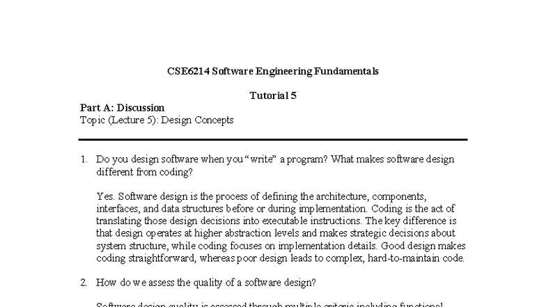 CSE6214 Software Engineering Fundamentals: Tutorial 5 Insights - Studocu