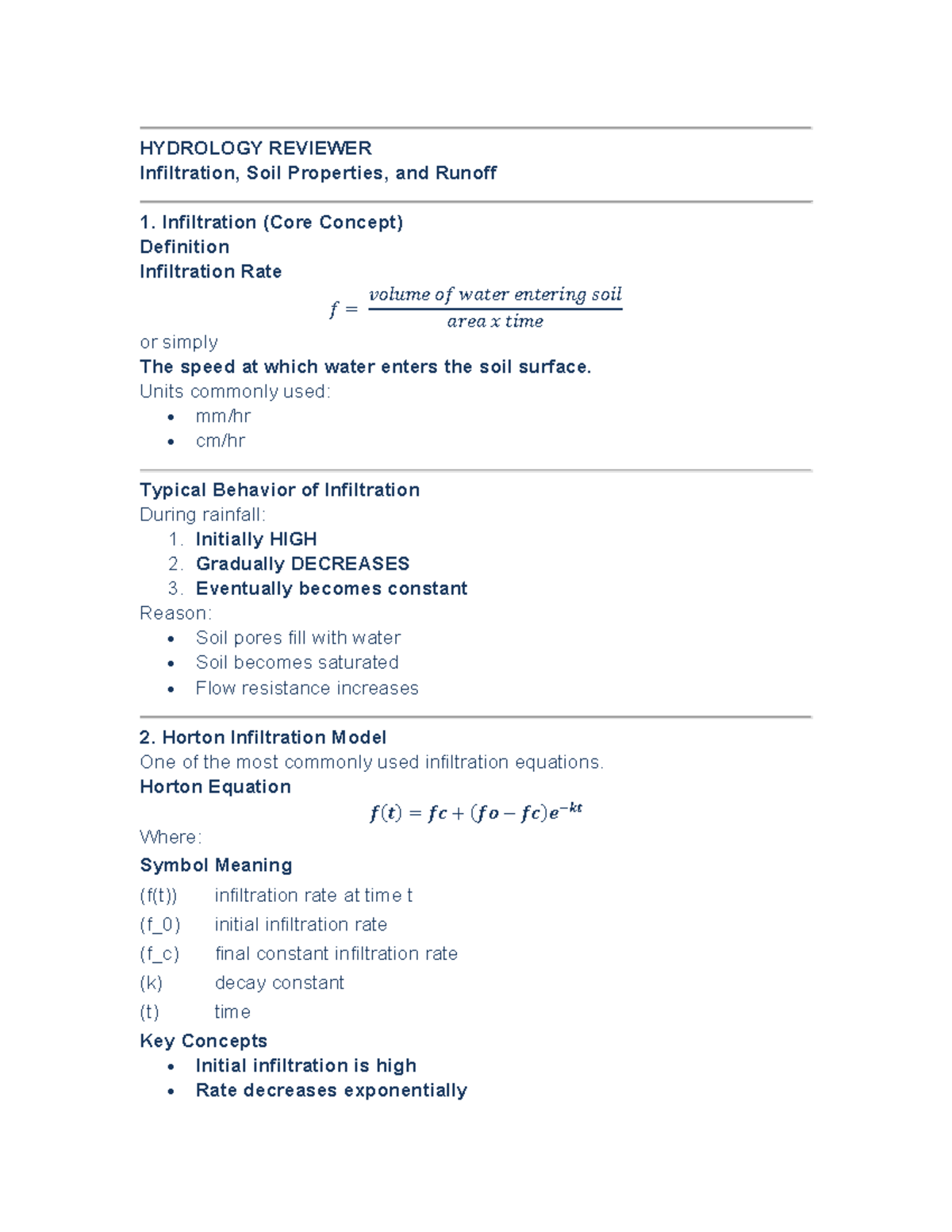 HYD 101: Infiltration, Soil Properties, and Runoff Review Notes - Studocu