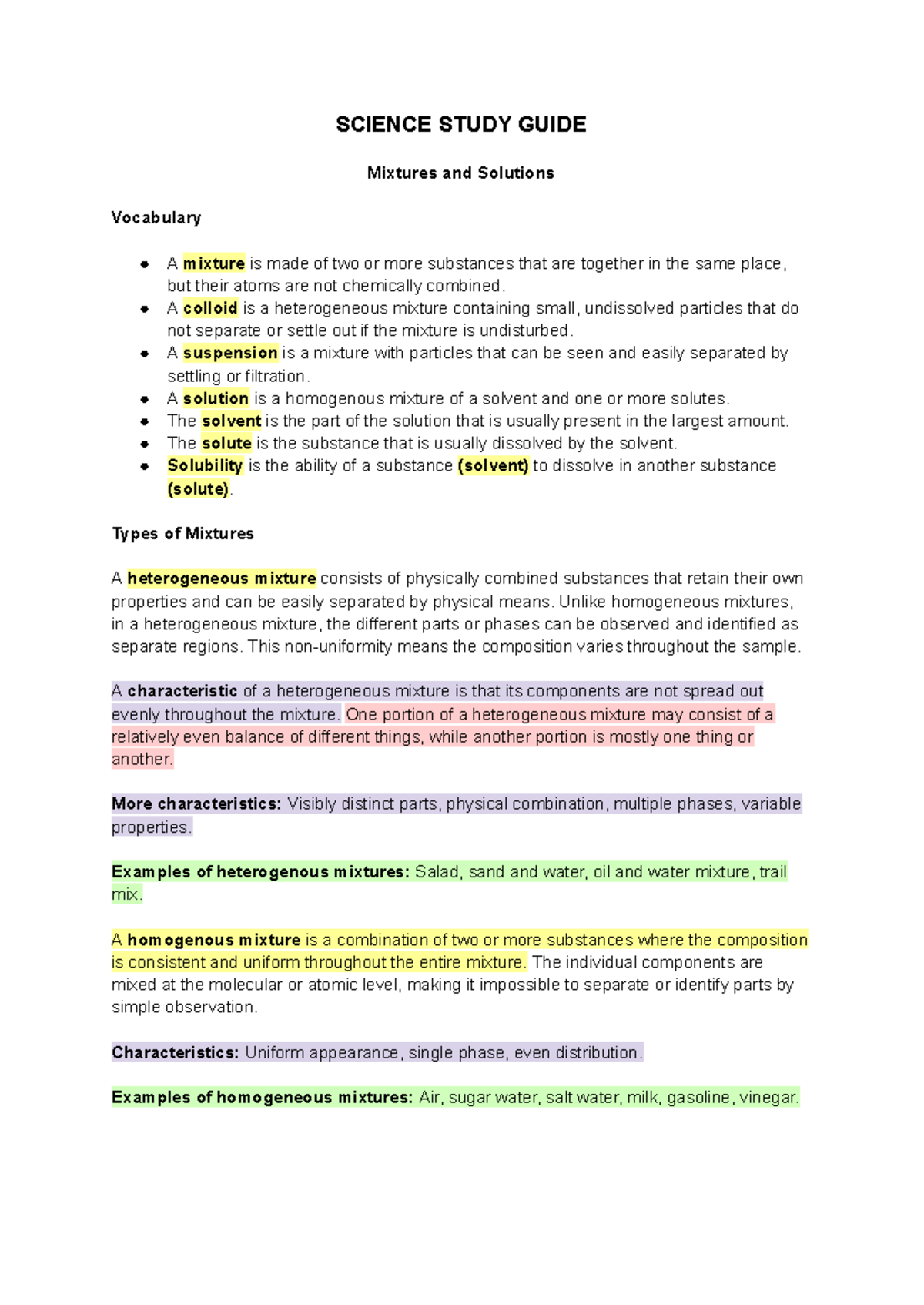 SCIENCE STUDY GUIDE (3rd Qtr) - Mixtures, Solutions & Chemical ...