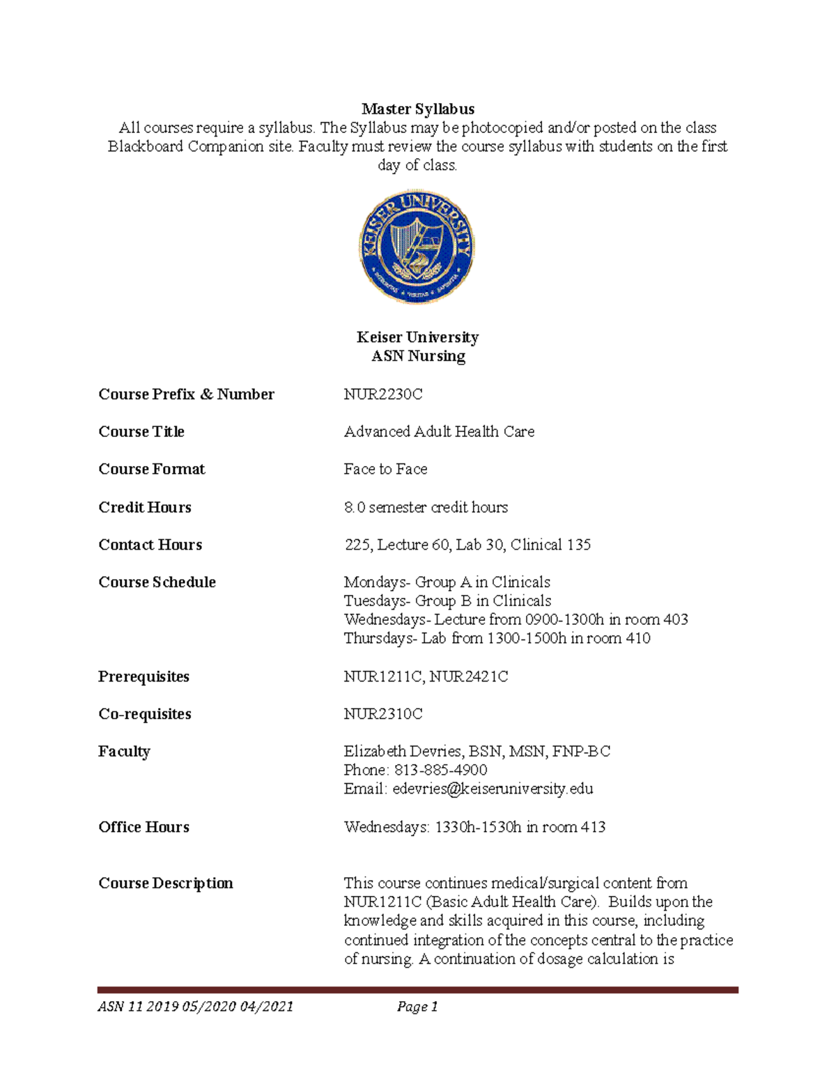 NUR2230C Advanced Adult Health Care Course Syllabus & Guidelines - Studocu