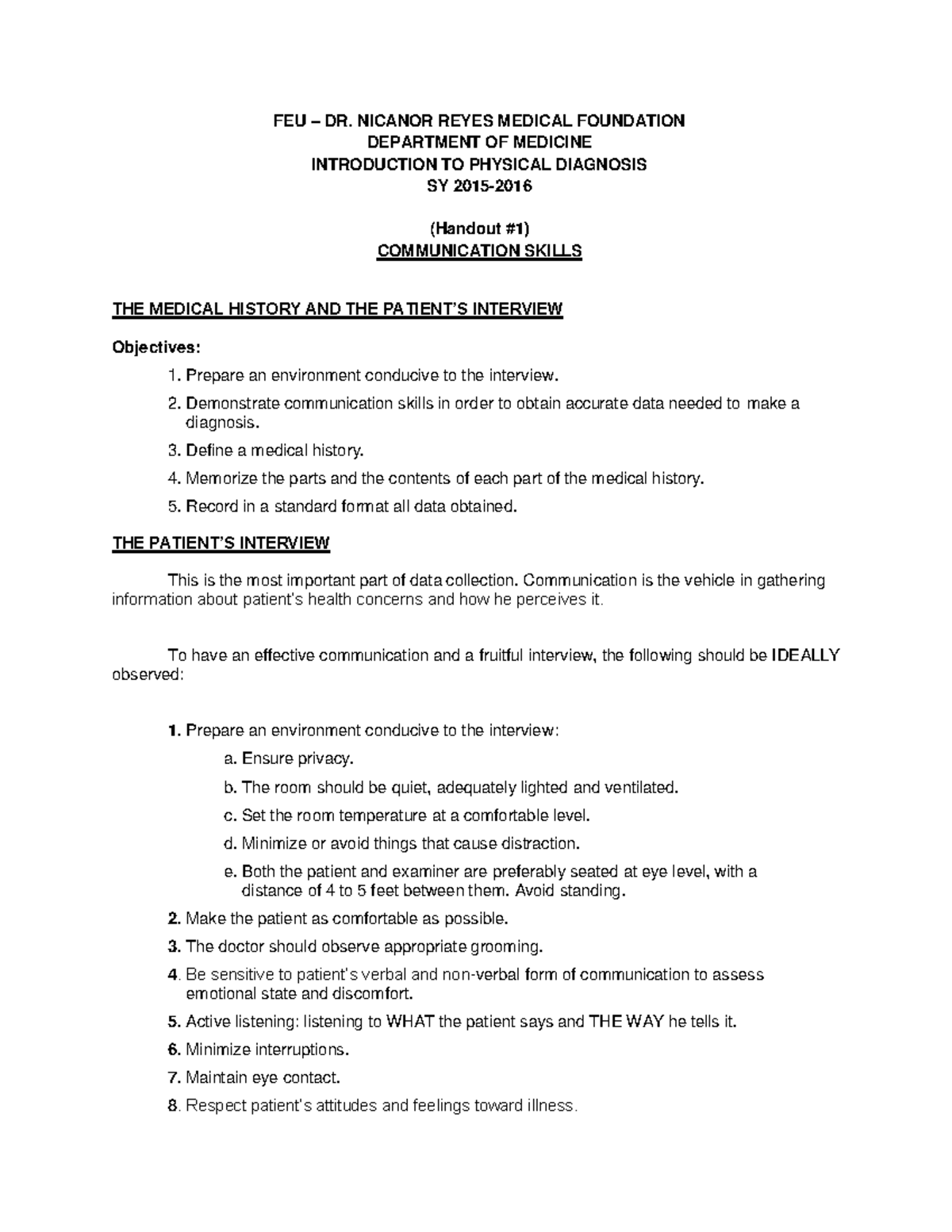 FEU DR. NICANOR REYES MEDICAL FOUNDATION PHYSICAL DIAGNOSIS SY (Handout ...
