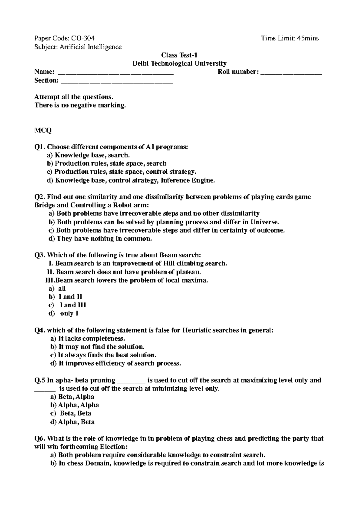 CT-1: Class Test Questions for Artificial Intelligence (CO-304) - Studocu