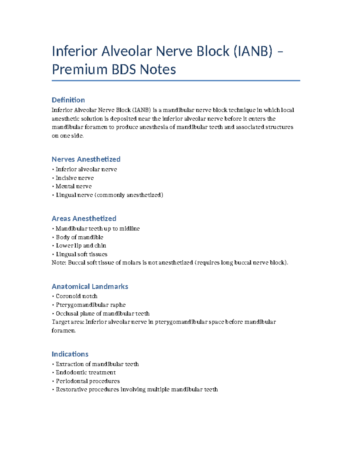 IANB Premium BDS Notes: Inferior Alveolar Nerve Block Overview - Studocu