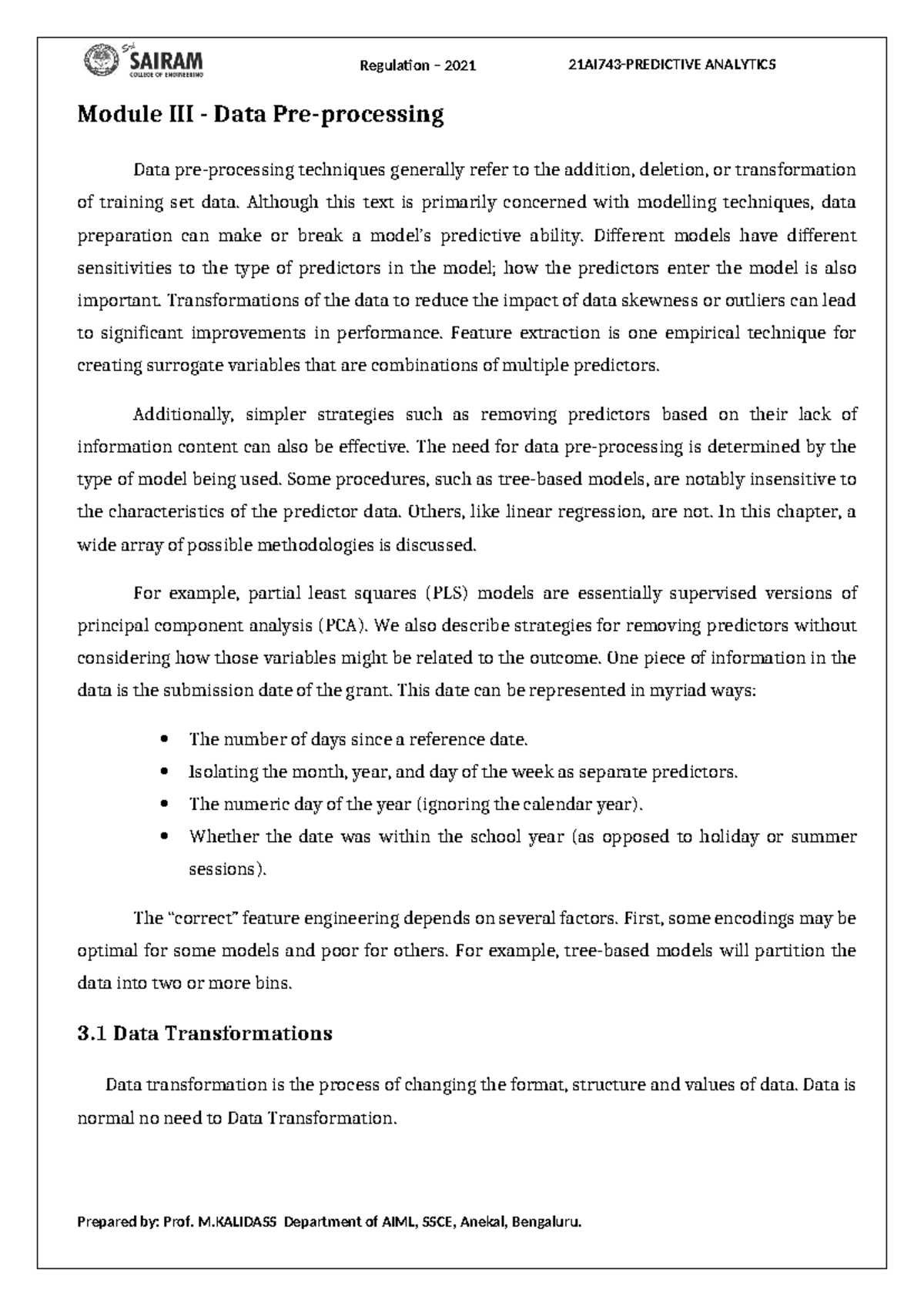 21AI743 PA Module 3 Lecture Notes - Module III - Data Pre-processing ...