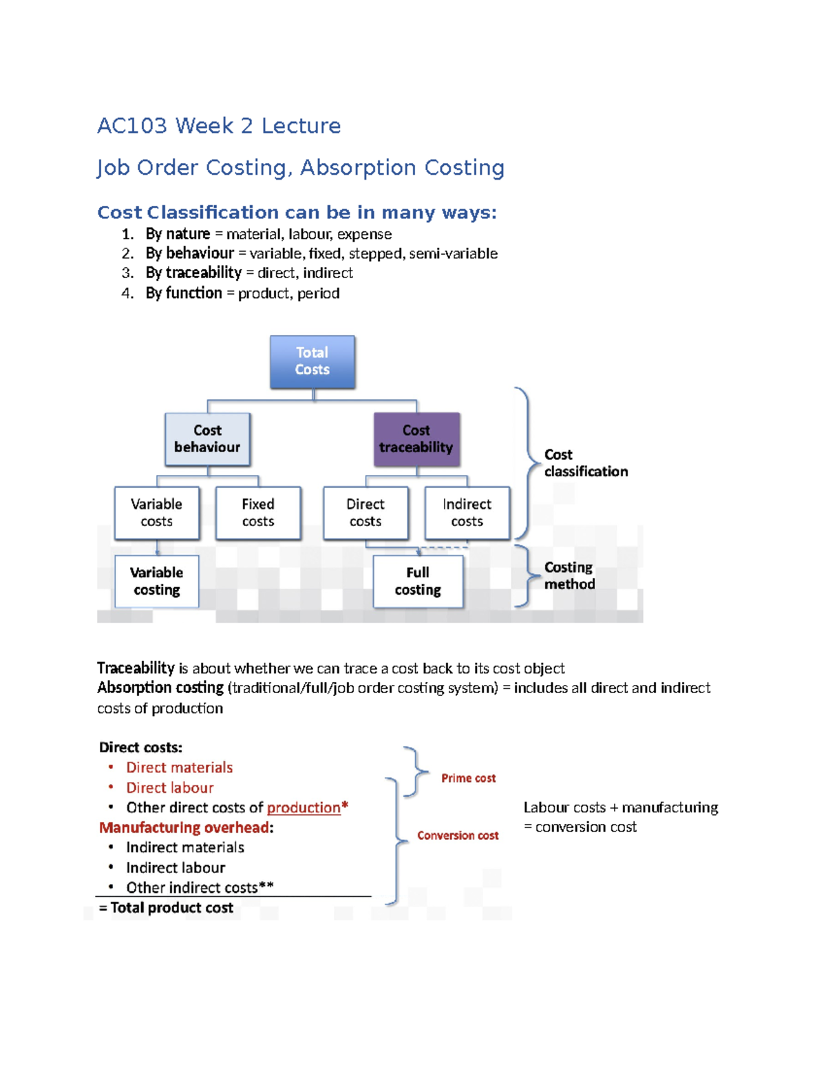 AC103 Week 2 Lecture: Job Order and Absorption Costing Explained - Studocu