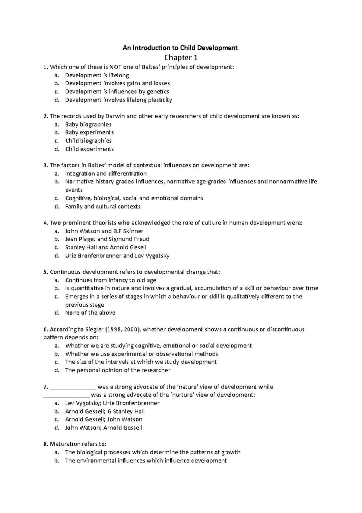 Child Development Practice Questions for Introductory Course (CHD101 ...