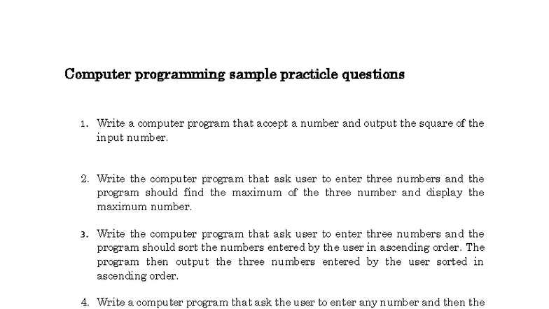 Computer Programming Sample Practical Questions (CPSP 101) - Studocu