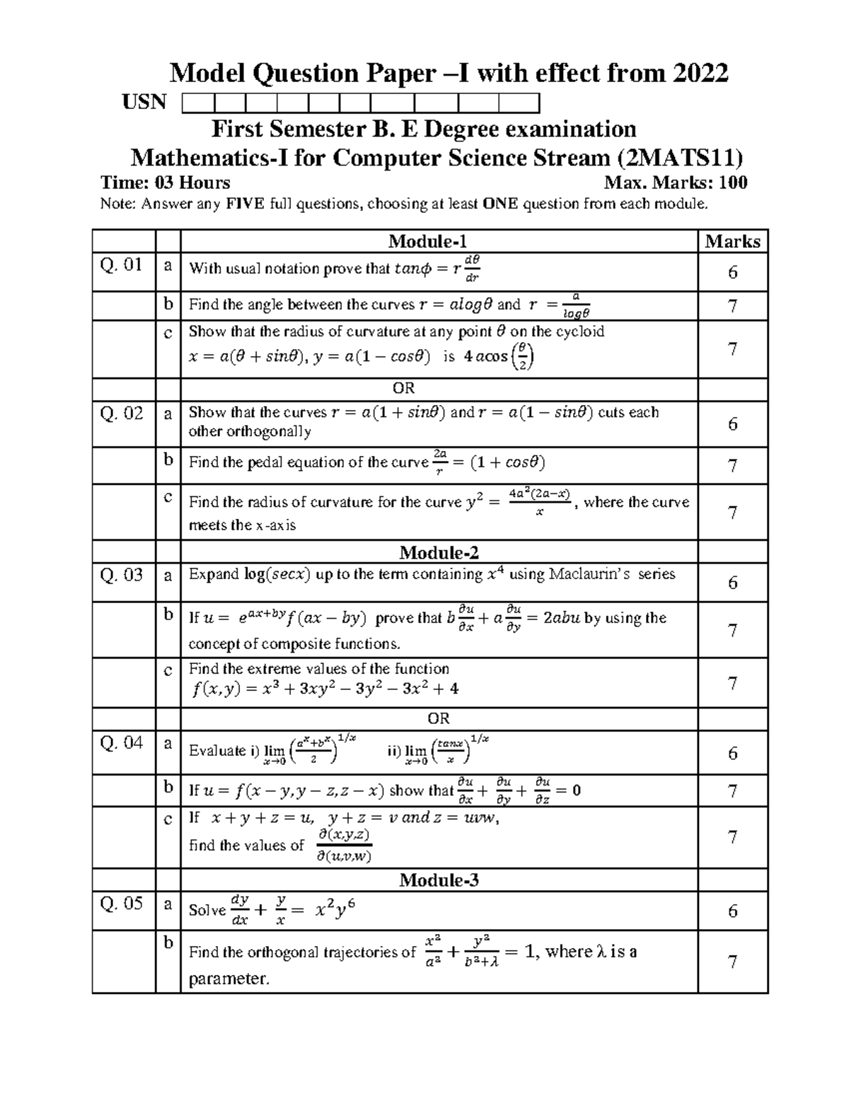 Bmats 101 - Model Question Paper (Set-1) Solutions for 1st Sem B.E ...