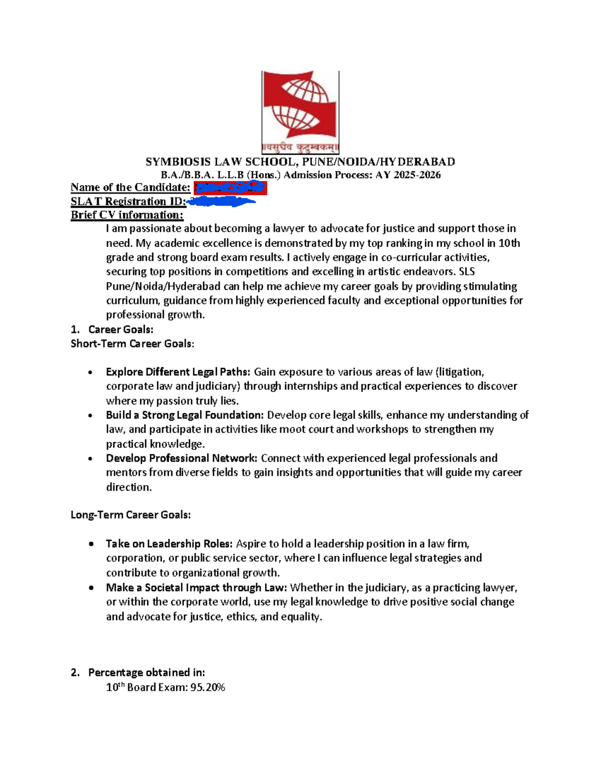 SLAT CV for Admission to Symbiosis Law School, L.L.B (Hons.) - Studocu
