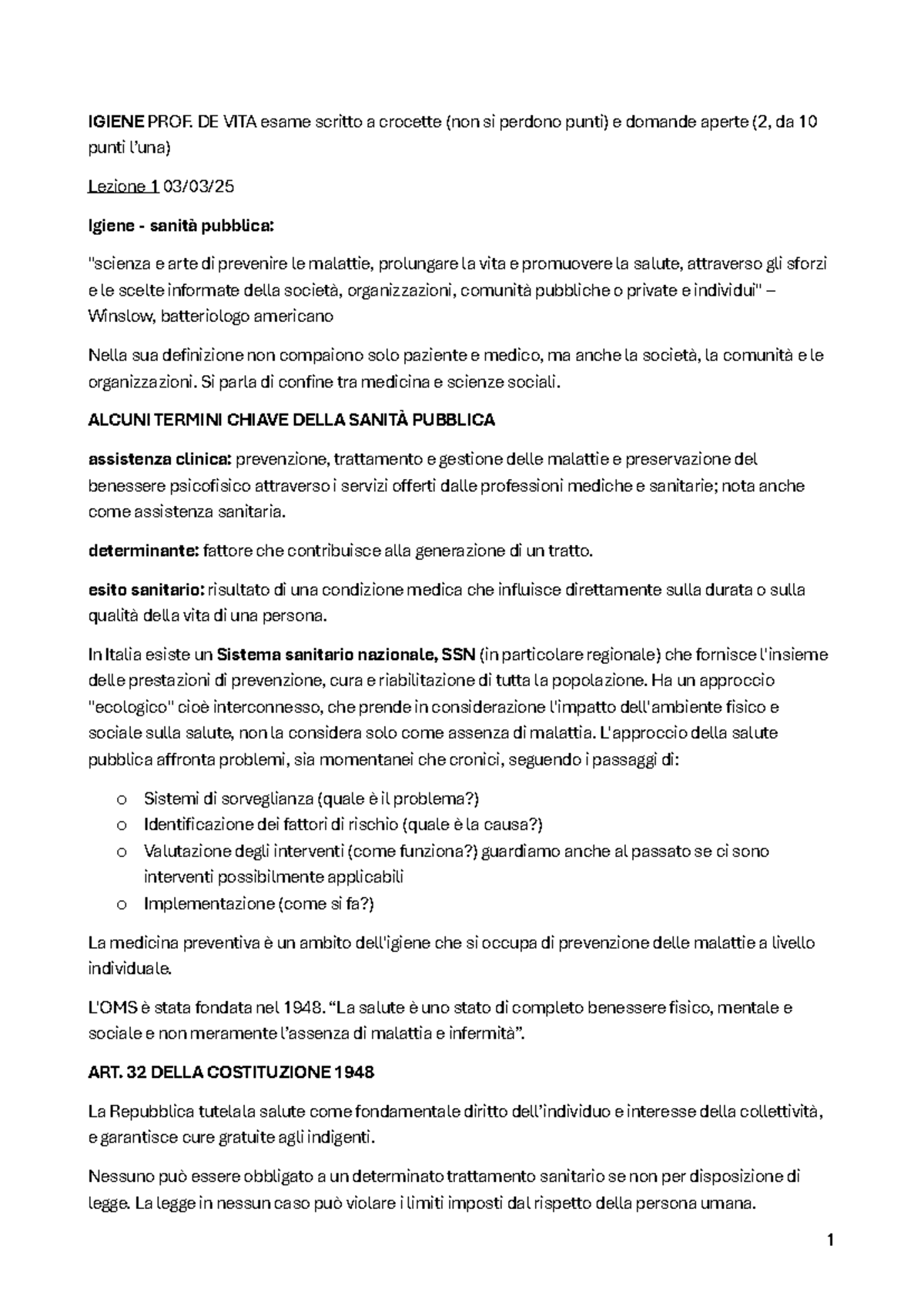 IGIENE PROF. DE VITA - Appunti Lezione e Riflessioni sull - Document Preview