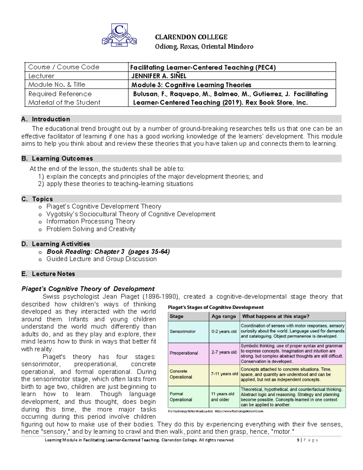 03 Cognitive Learning Theories - Course / Course Code Facilitating ...