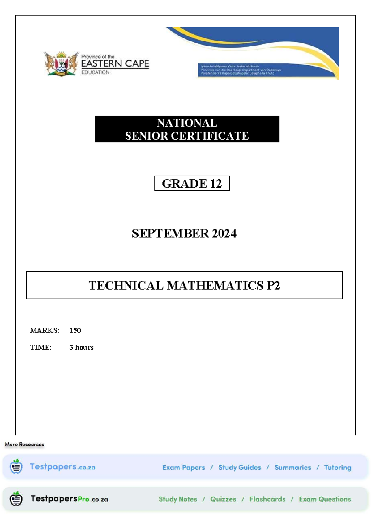 TECHNICAL MATHEMATICS P2 GRADE 12 SEPTEMBER 2024 QUESTION PAPER - Studocu
