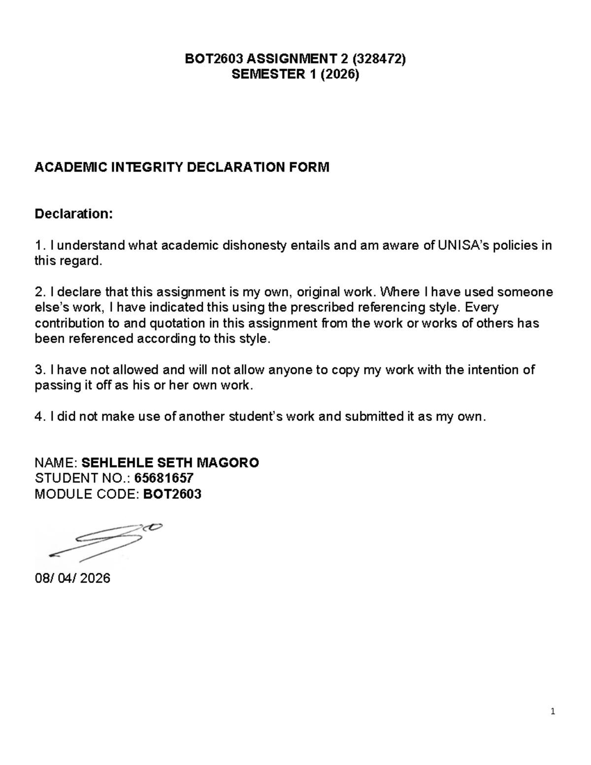 BOT2603 ASSIGNMENT 2A (328472) ACADEMIC INTEGRITY FORM - Studocu