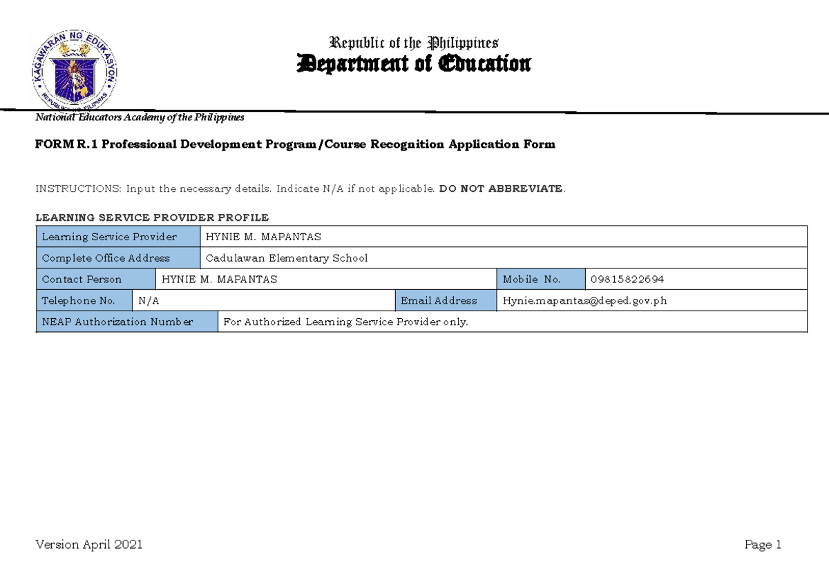 FORM R.1 PD Program Recognition Application Form Latest - Republic of ...
