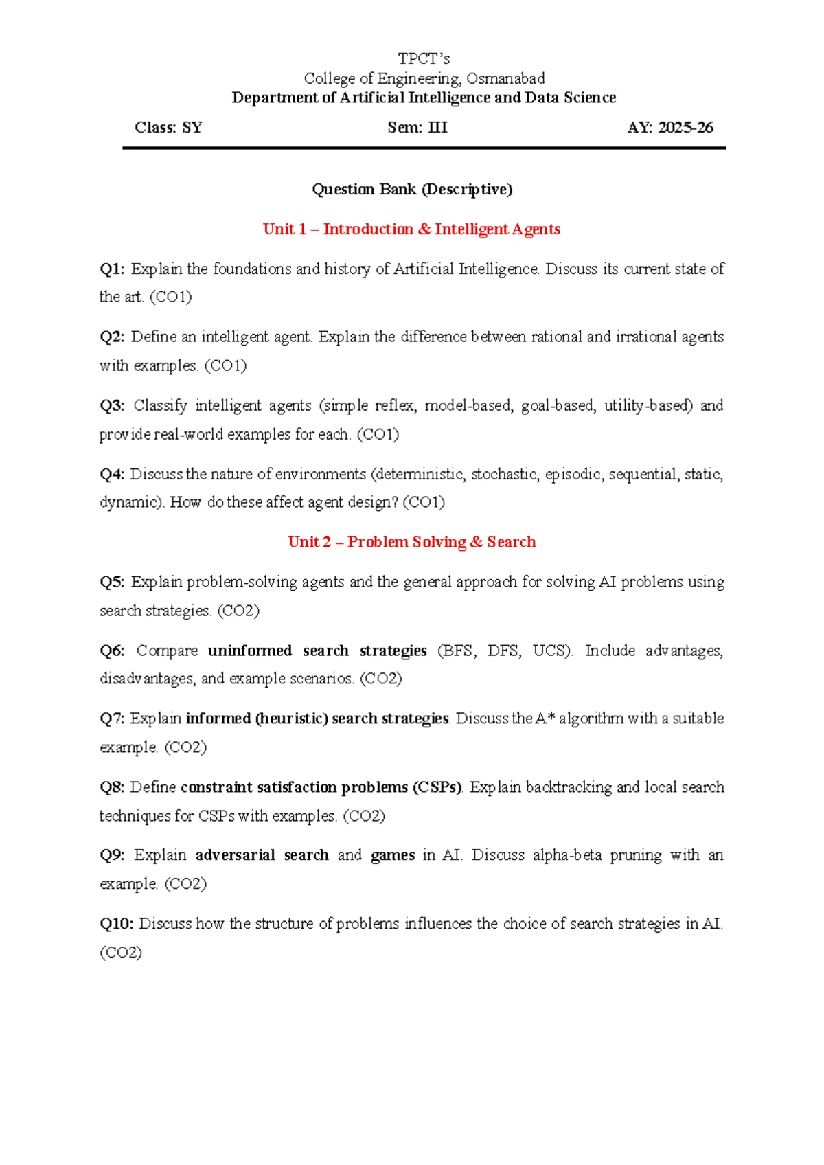 Unit I: Introduction to Artificial Intelligence (AI) Concepts and  Applications - Studocu