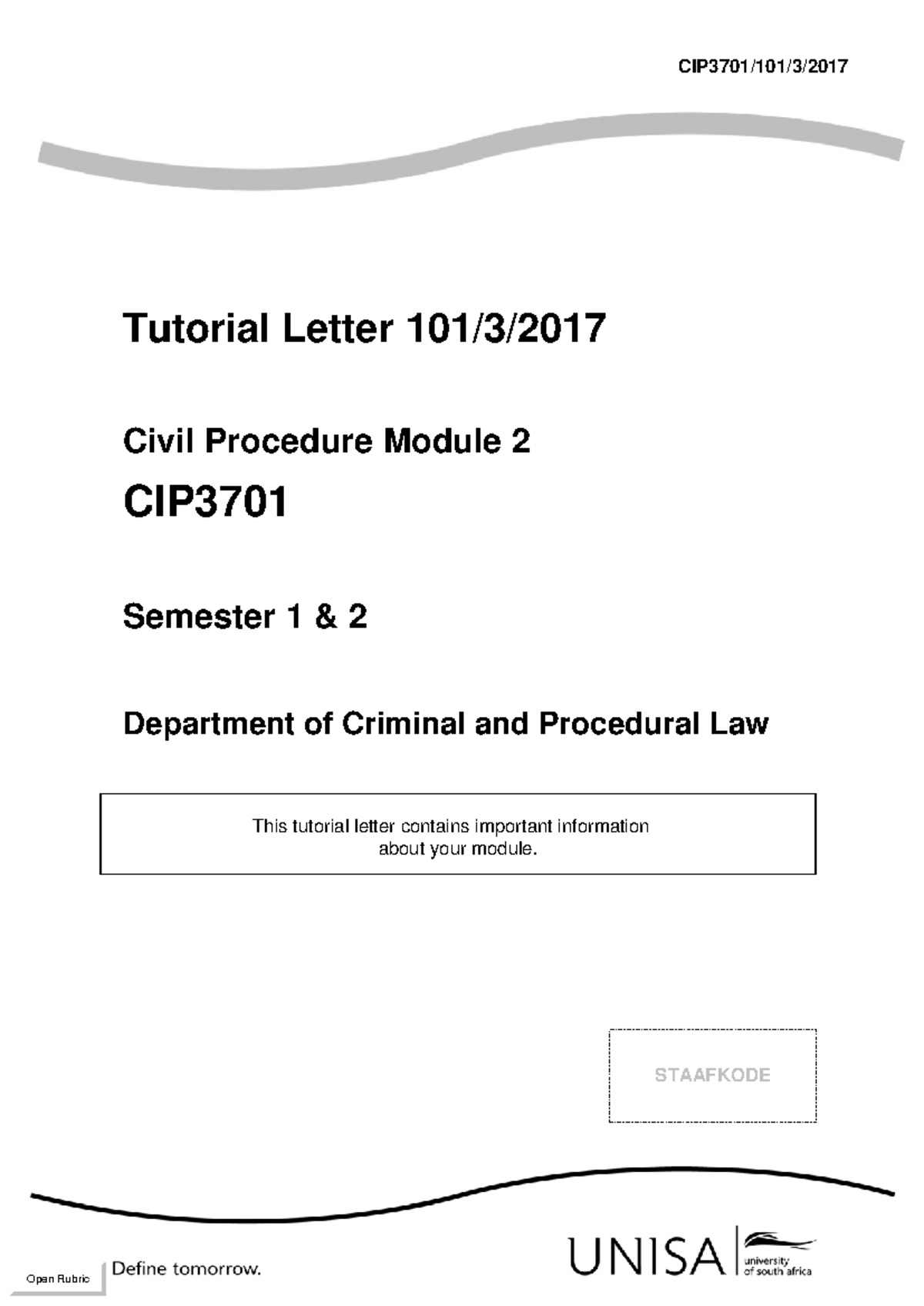 CIP3701 - TL101/3 - 2017 - Civil Procedure Tutorial Letter Overview ...