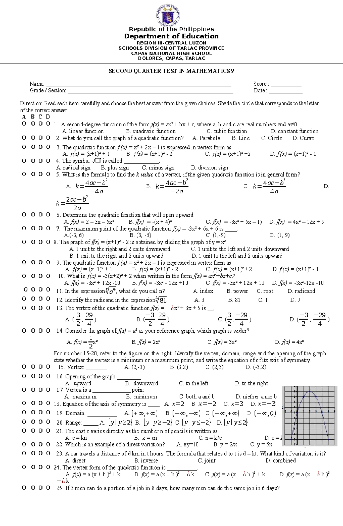 Mathematics 9 Second Quarter Test 2025-2026 - Studocu