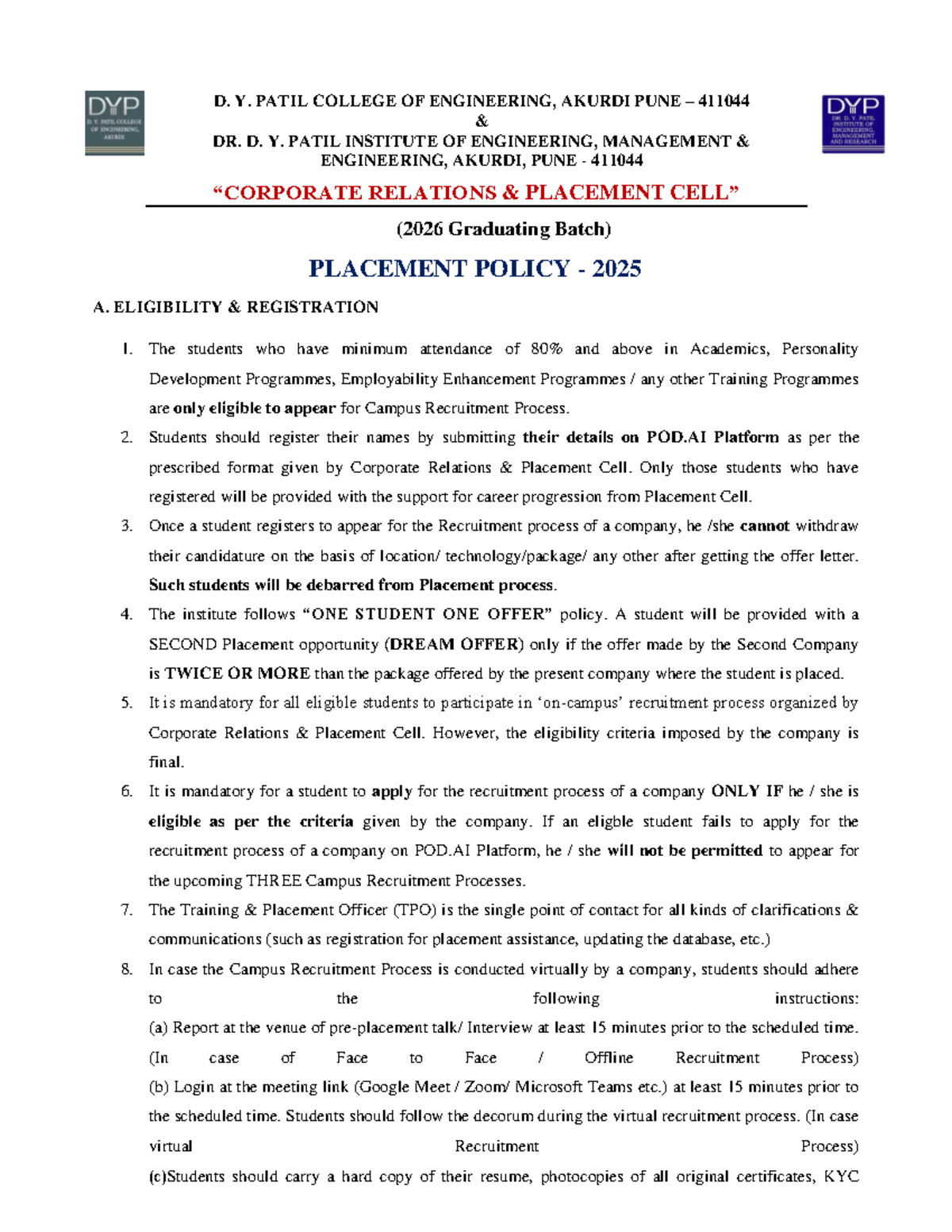 Placement Policy 2025 for D. Y. Patil College of Engineering - Studocu