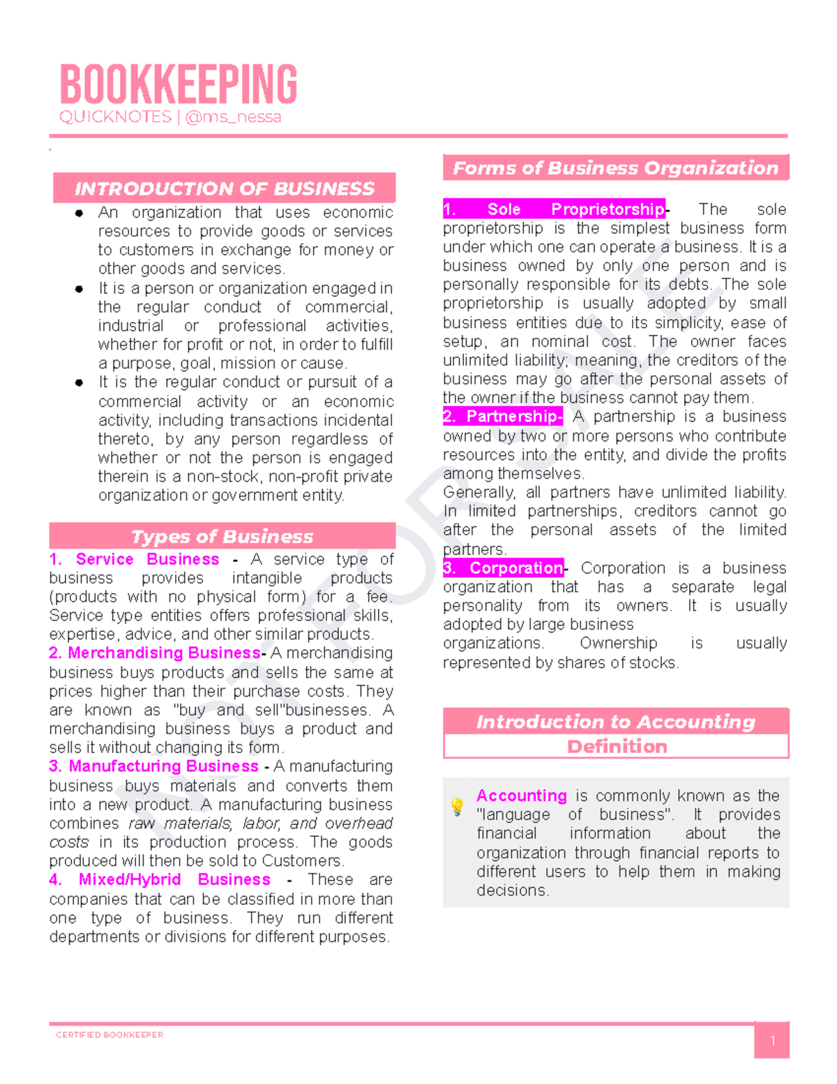 CERTIFIED BOOKKEEPER: Comprehensive Bookkeeping Notes Reviewer - Studocu