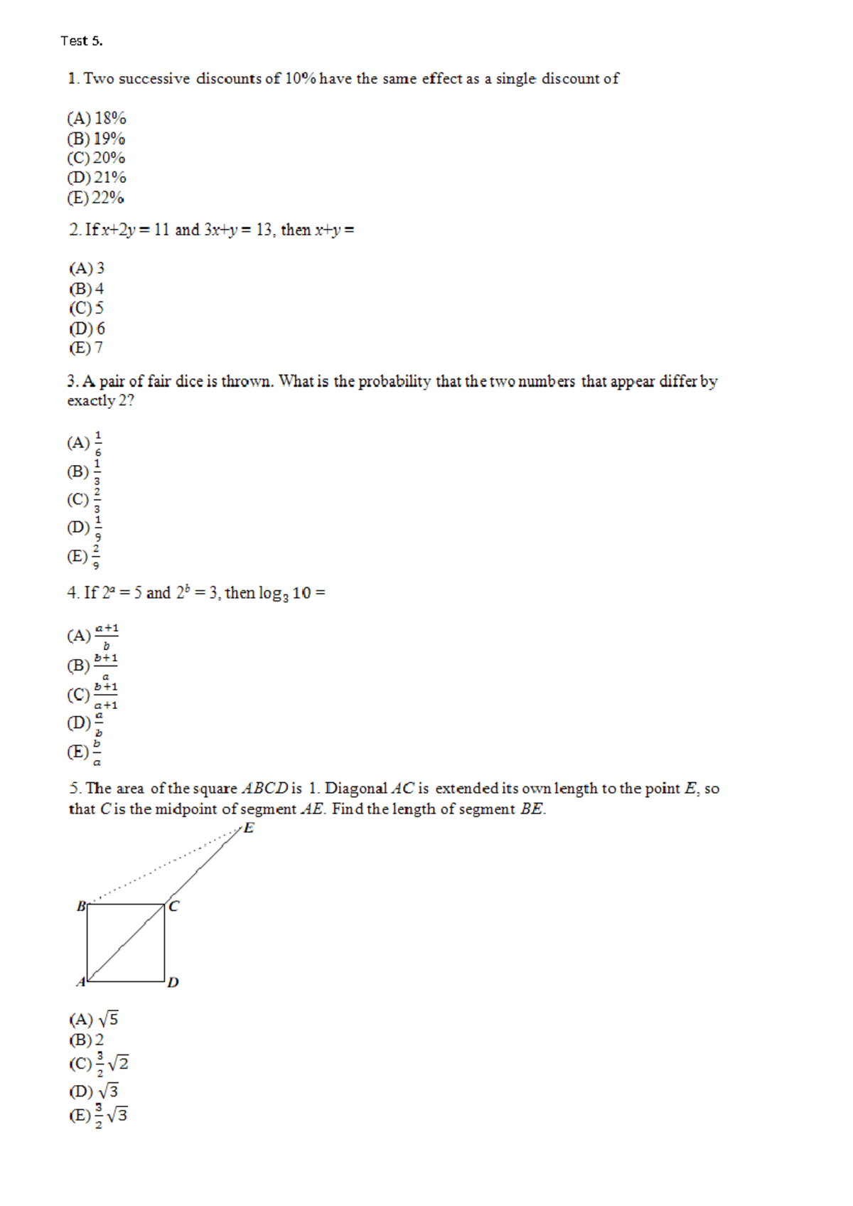 NUET MATH - Sample Test 5 Questions and Solutions - Studocu
