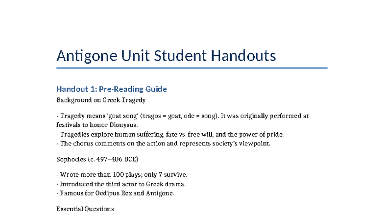 Antigone Unit Handouts: Greek Tragedy Insights & Analysis - Studocu