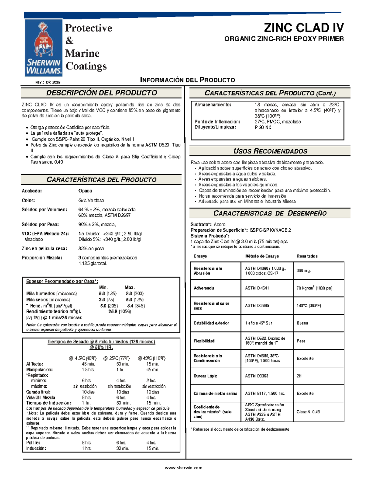 ZINC CLAD IV - HOJA DE SEGURIDAD Y APLICACIÓN DE PRIMER EPOXY - Document Preview