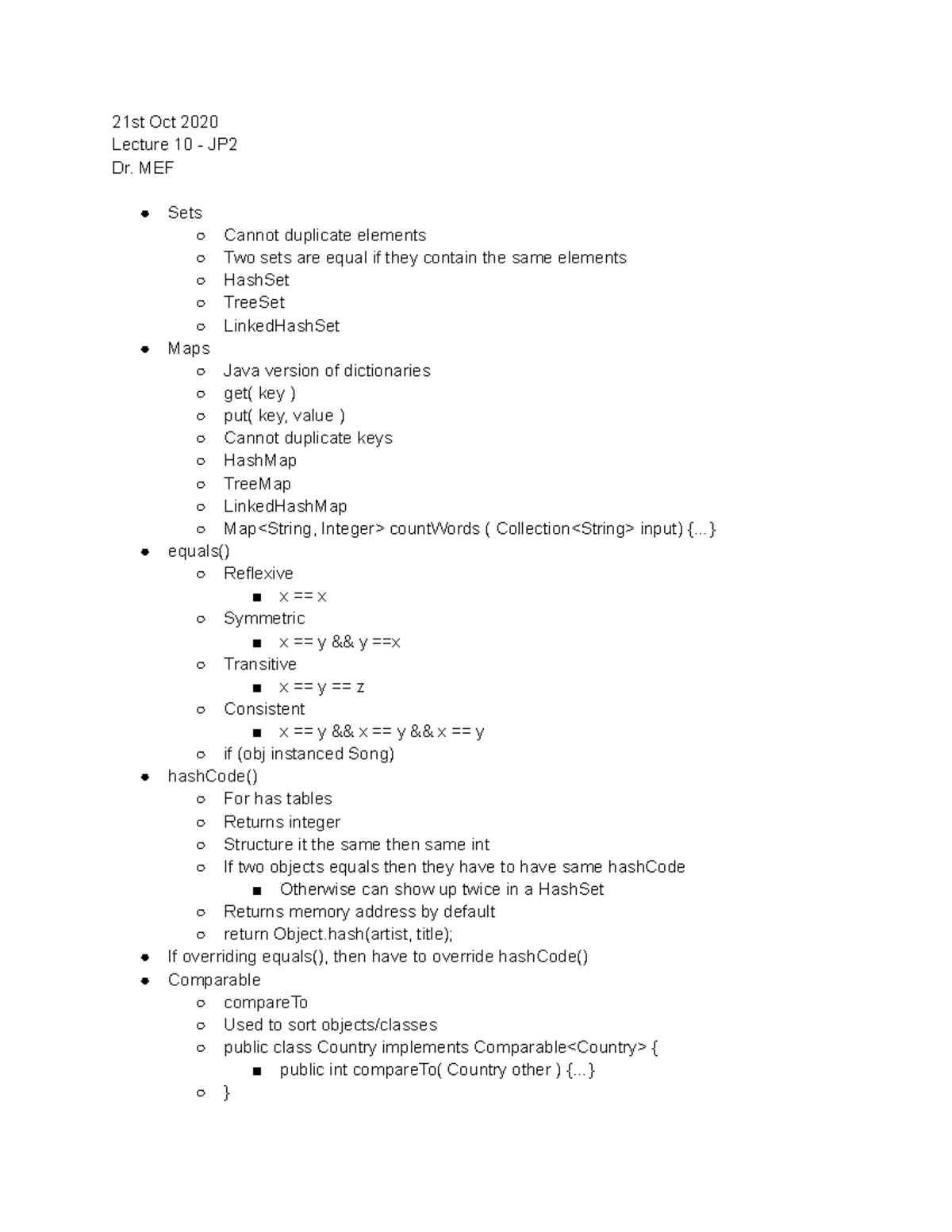 Java Programming Lecture 10: Sets, Maps & Equality Concepts - Studocu