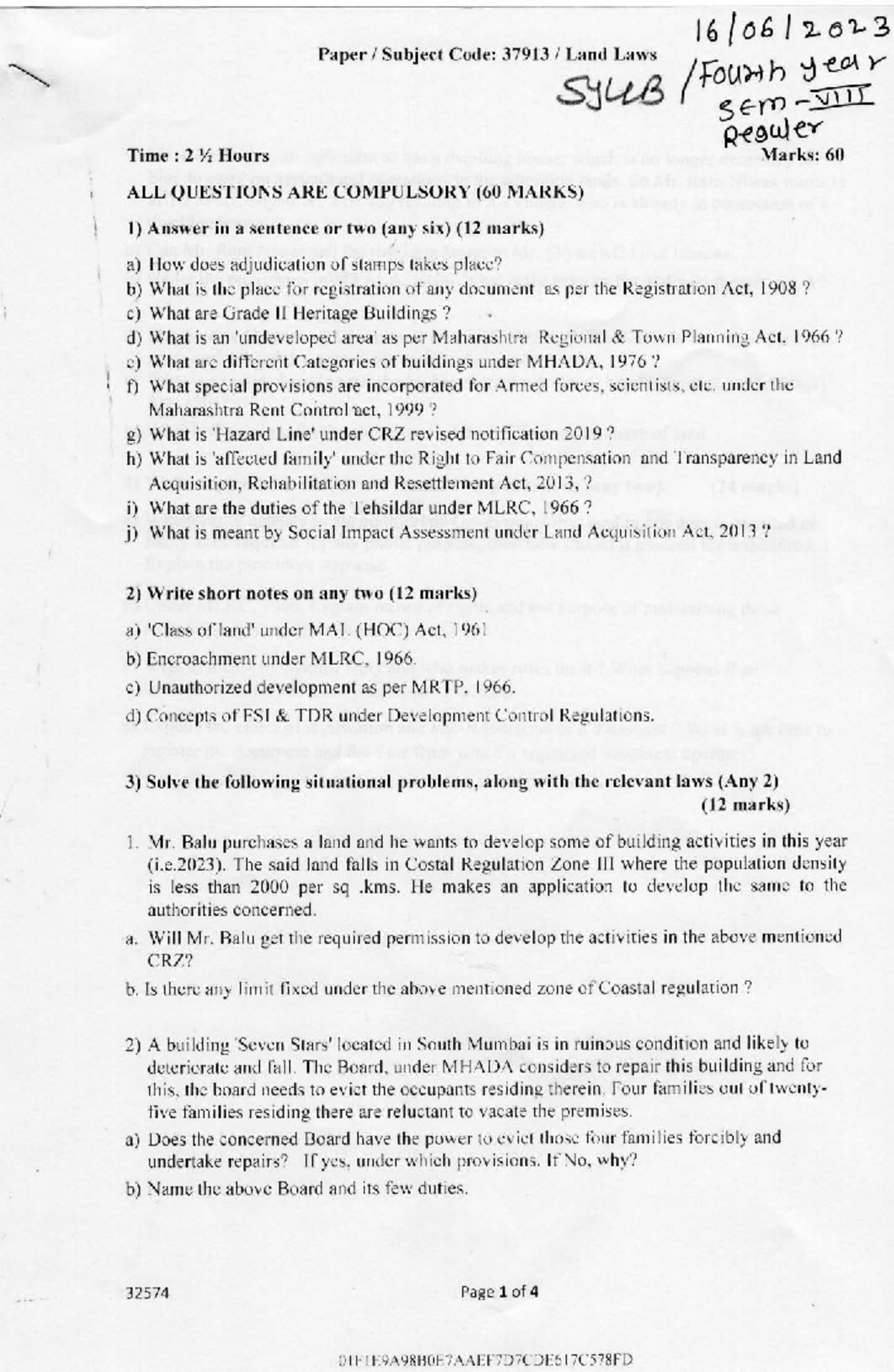 Land Laws (37913) - Compulsory Question Papers for Examination - Studocu