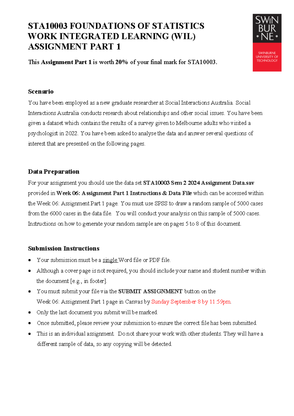 Assignment part 1 - STA10003 FOUNDATIONS OF STATISTICS WORK INTEGRATED ...