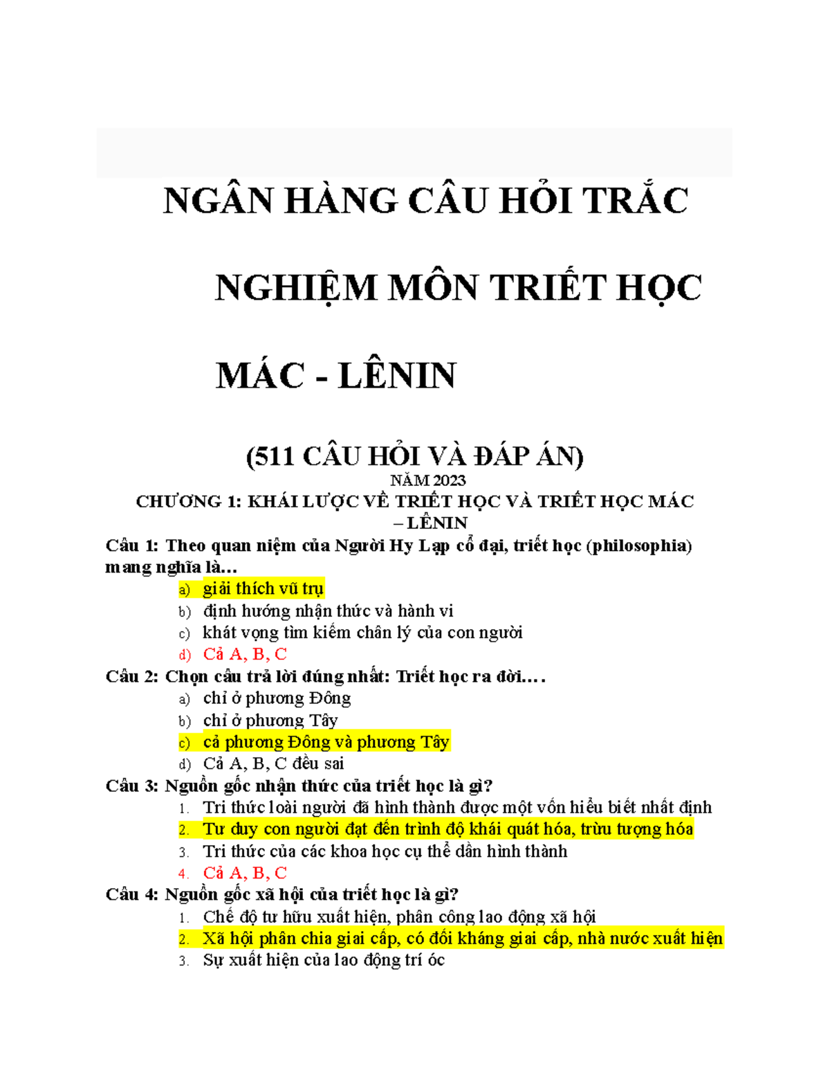 NGÂN HÀNG CÂU HỎI TRẮC NGHIỆM TRIẾT HỌC MÁC (511 CÂU, NĂM 2023) - Document Preview