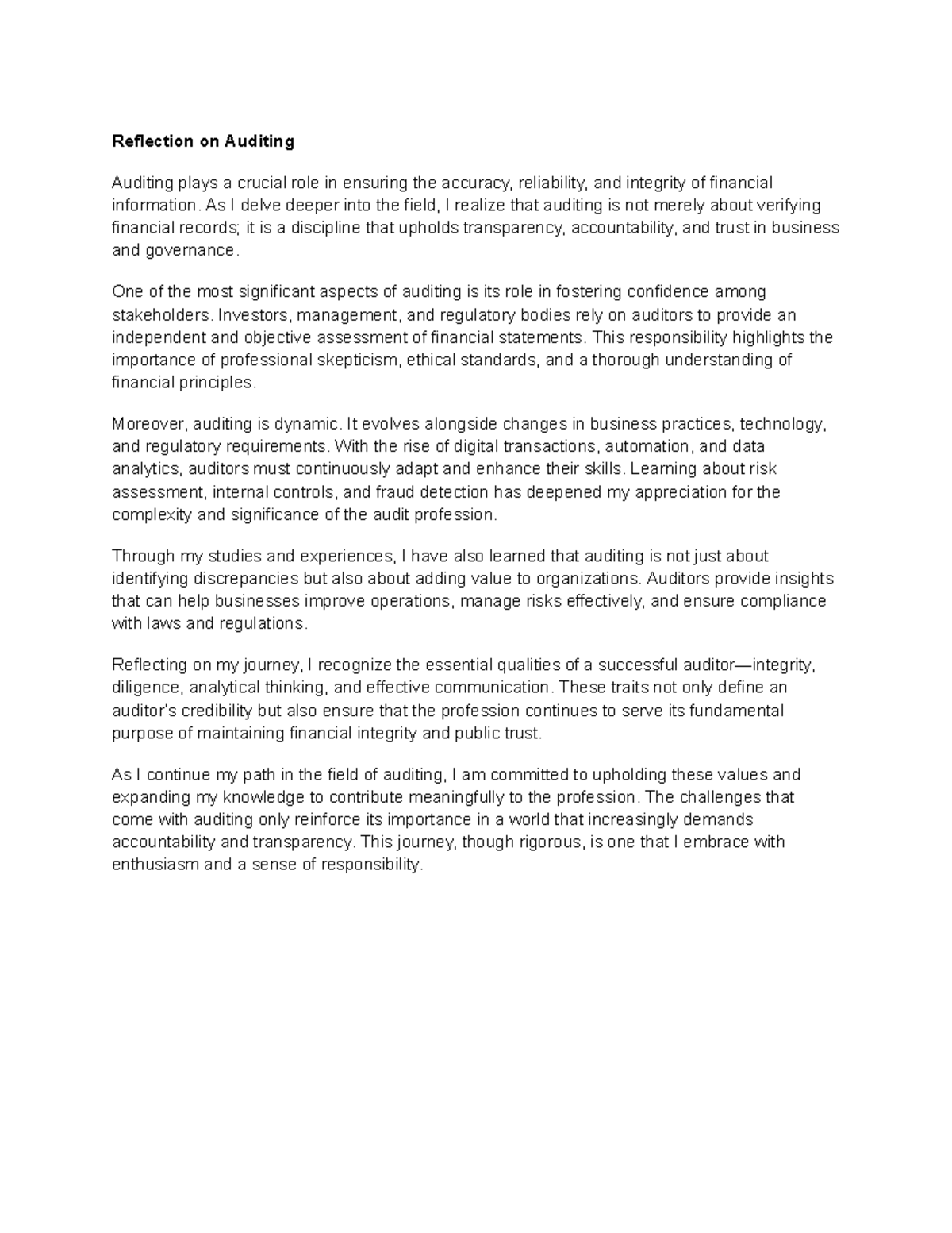 Reflection on Auditing - Reflection on Auditing Auditing plays a ...