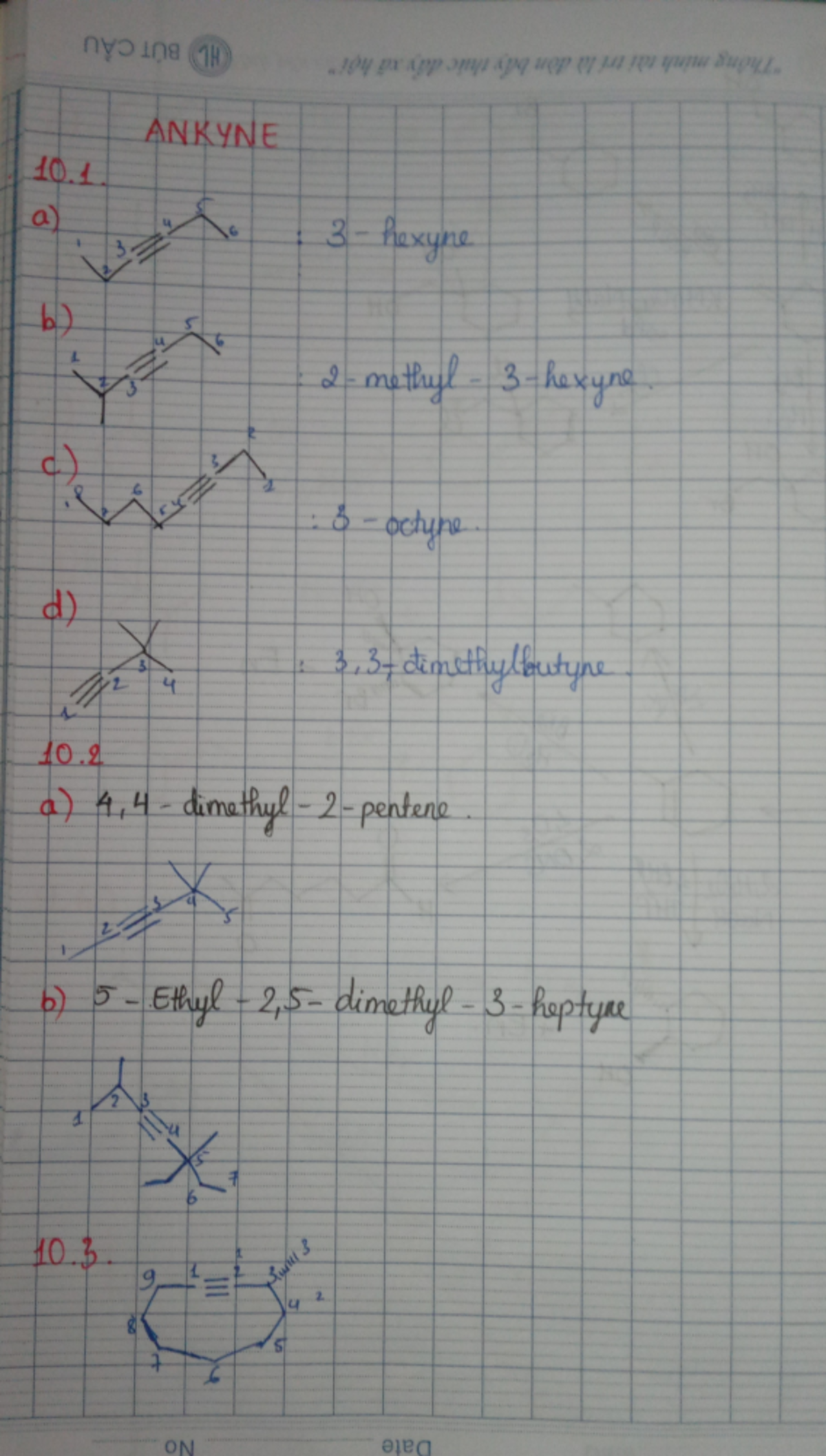 Alkyne - hhc - 1H ANKYNE 10. a) 6 3 hexyne b) 5 u 6 1 st 2 methyl c) 3 ...