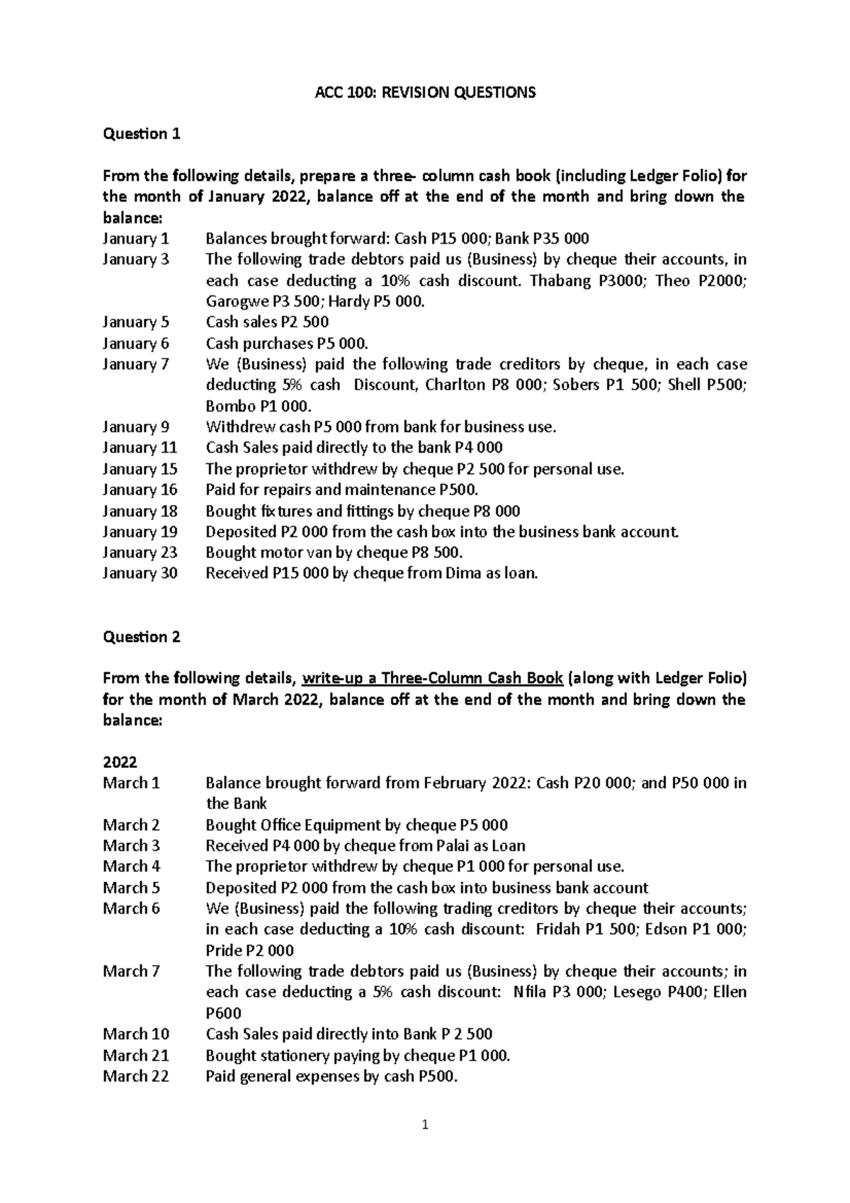 ACC 100 Practice Questions: Preparing a Trial Balance - Studocu