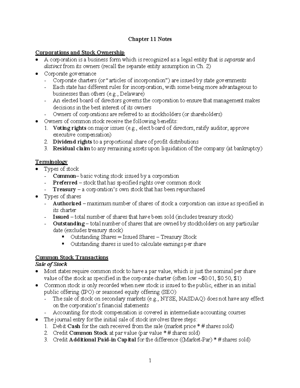 Chapter 11 Notes: Corporations and Stock Ownership - Studocu