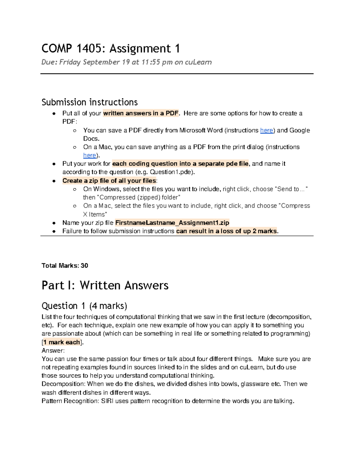 COMP 1405 Fall 2014 Assignment 1 Answers and Guidelines - Studocu