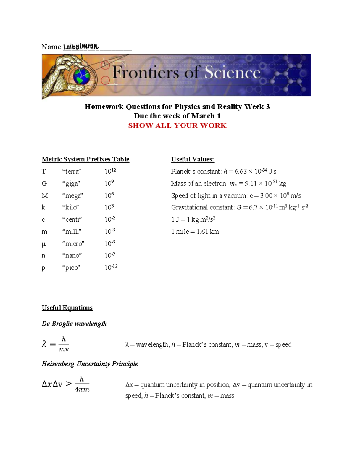 PR3 Homework Questions: Physics & Reality Week 3 (Spring 2026) - Studocu