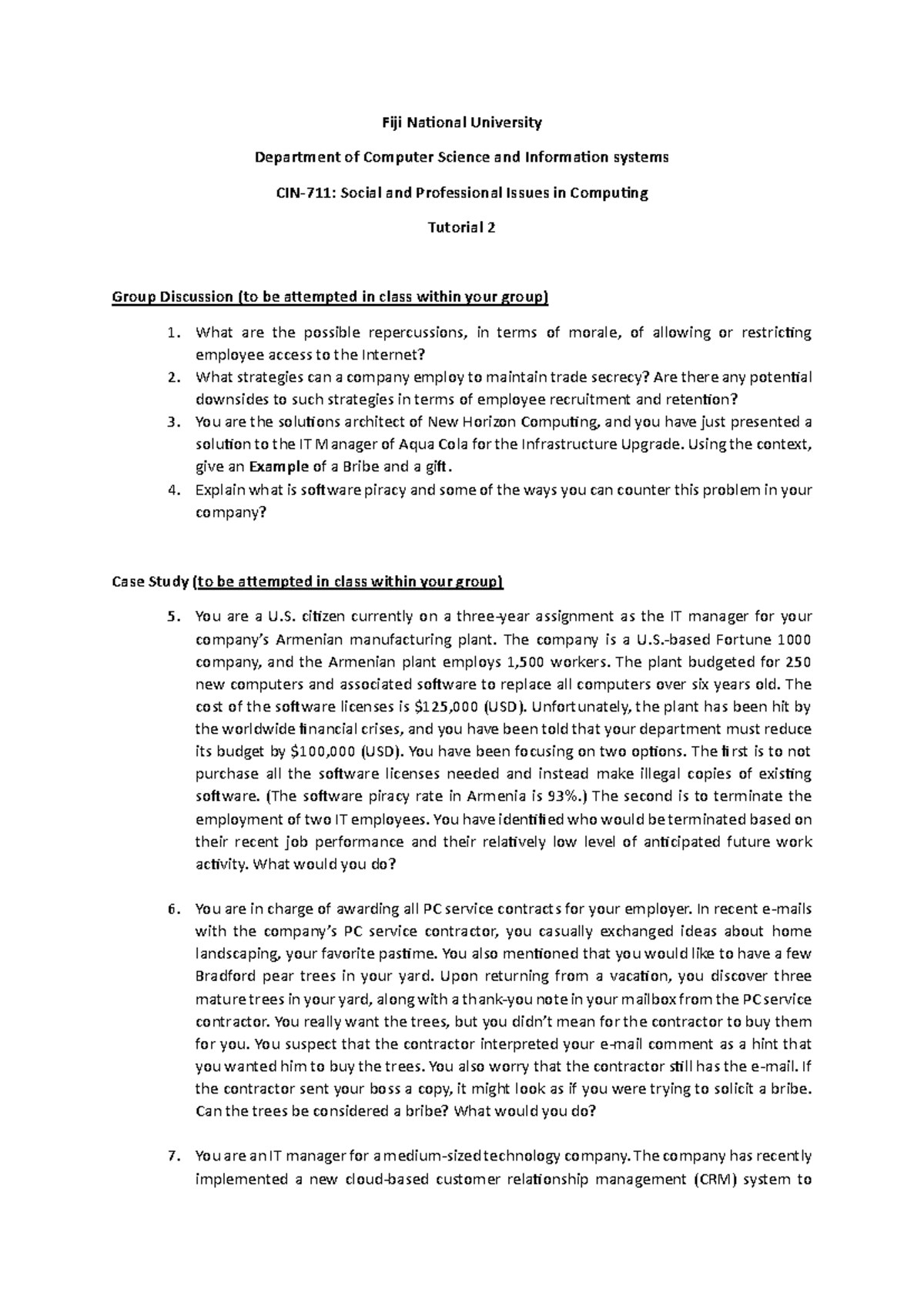 CIN-711: Case Study on Social & Professional Issues in Computing - Studocu
