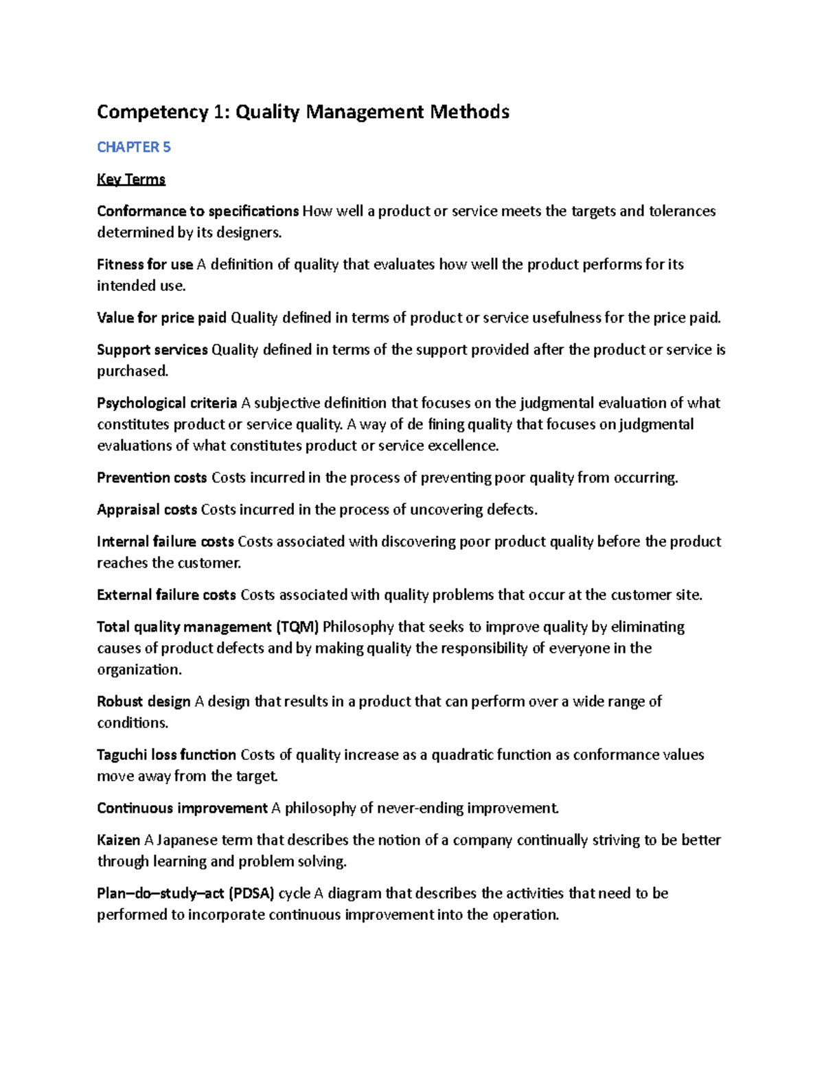 C215 Key Terms - Competency 1: Quality Management Methods CHAPTER 5 Key ...