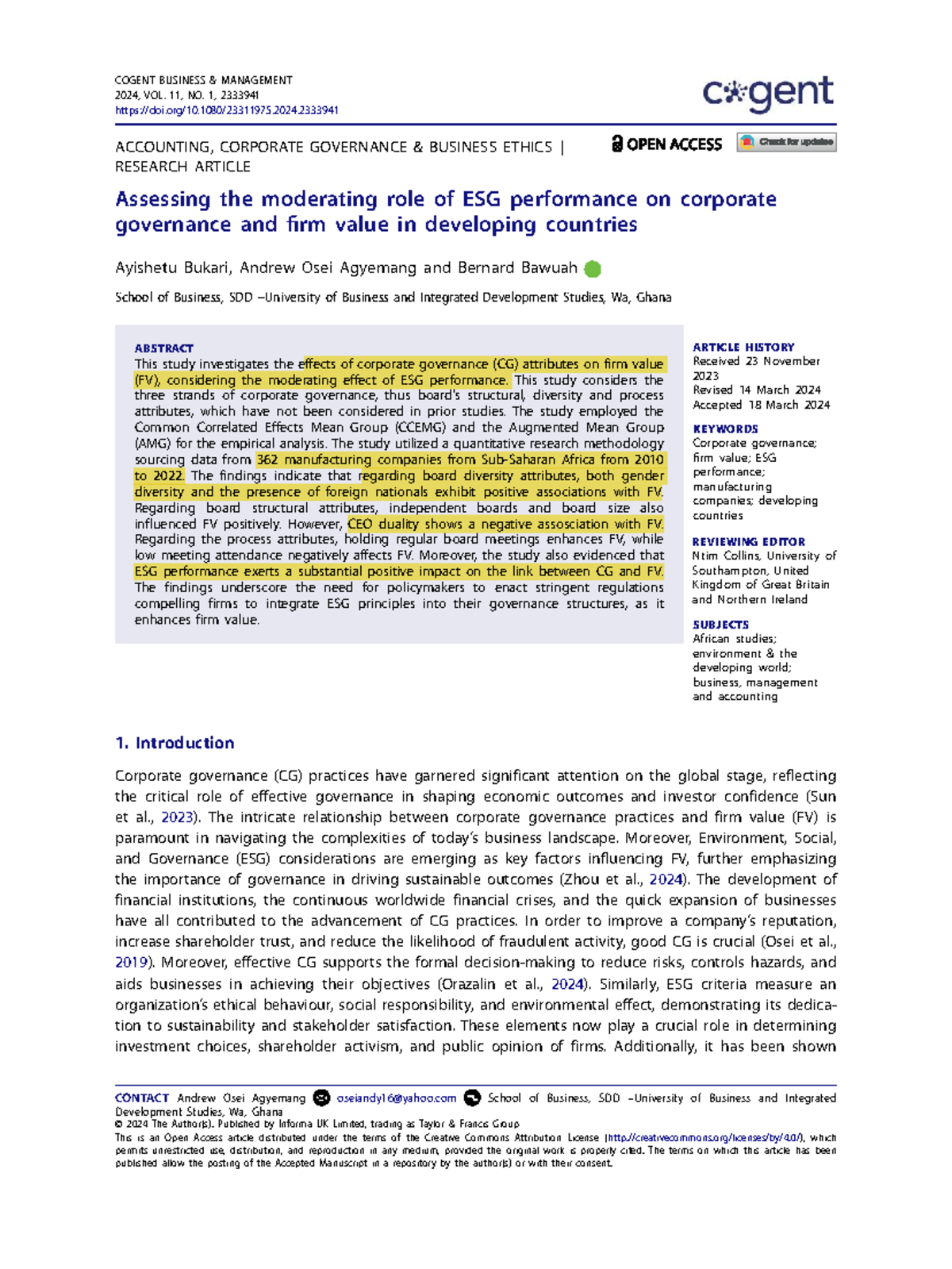Corporate Governance and Firm Value: The Role of ESG Performance in ...