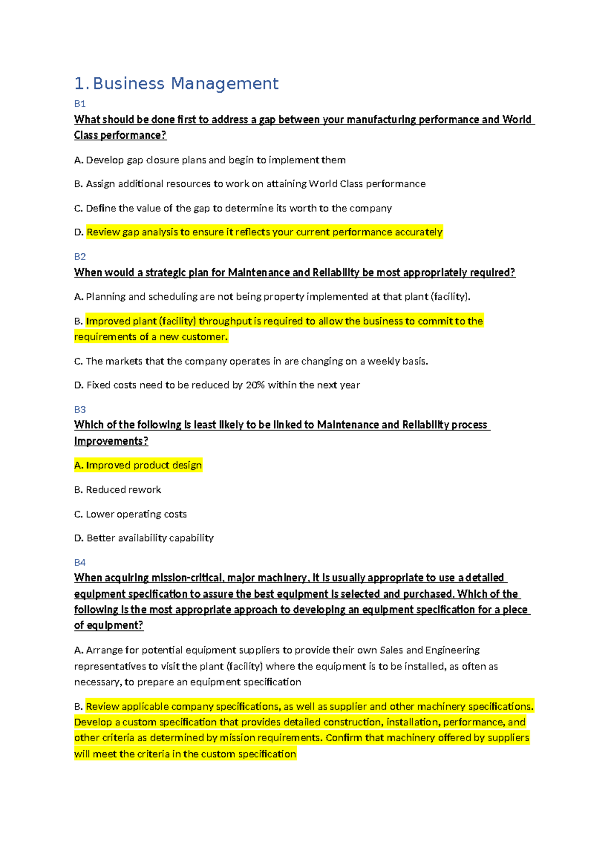 Business Management B1-B60 Practice Questions & Answers - Studocu