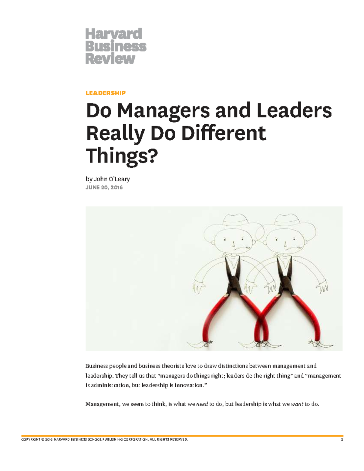 LEADERSHIP vs MANAGEMENT: Distinctions in Practice - O'Leary HBR - Studocu
