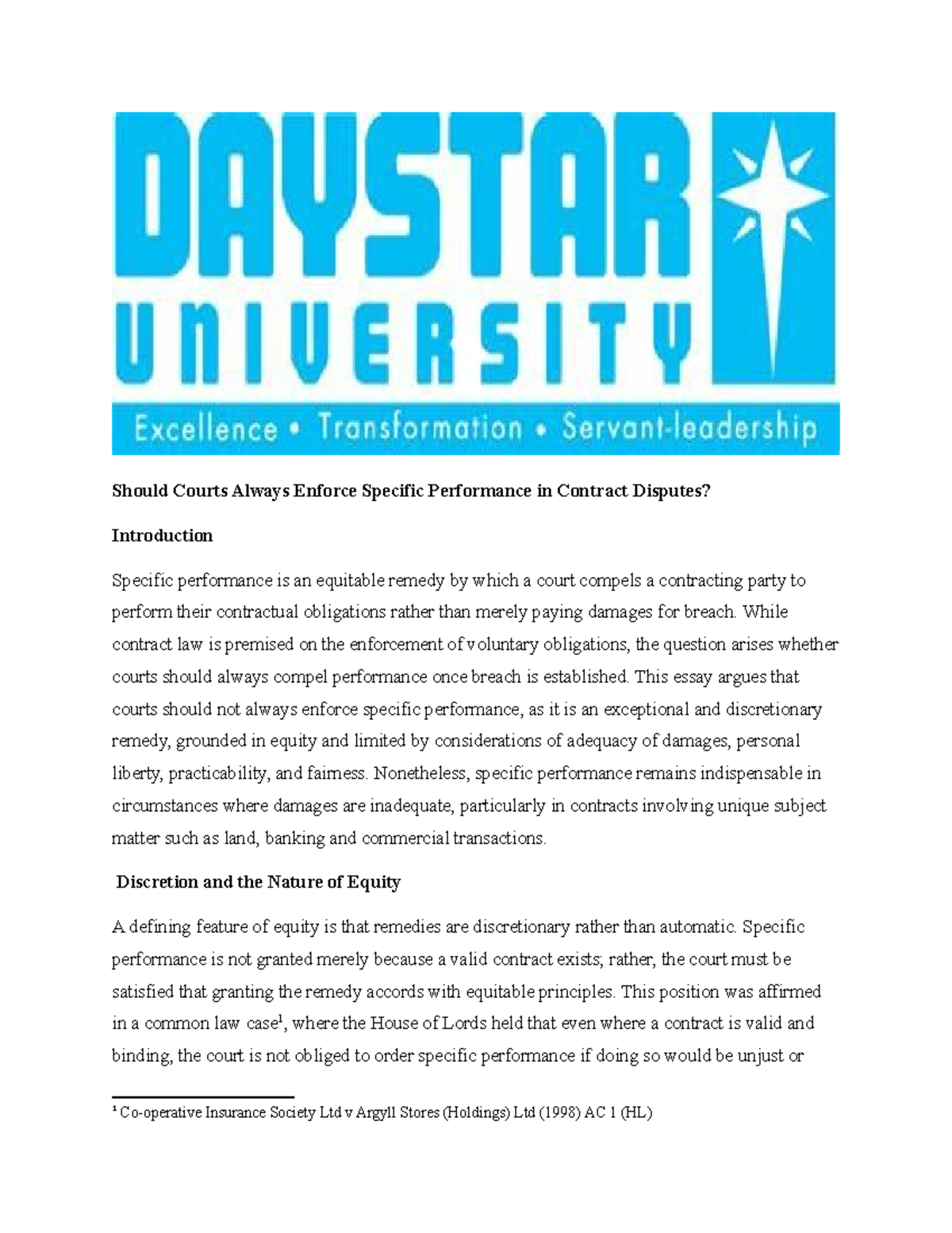 Contract Law Essay: The Discretion of Specific Performance - Studocu
