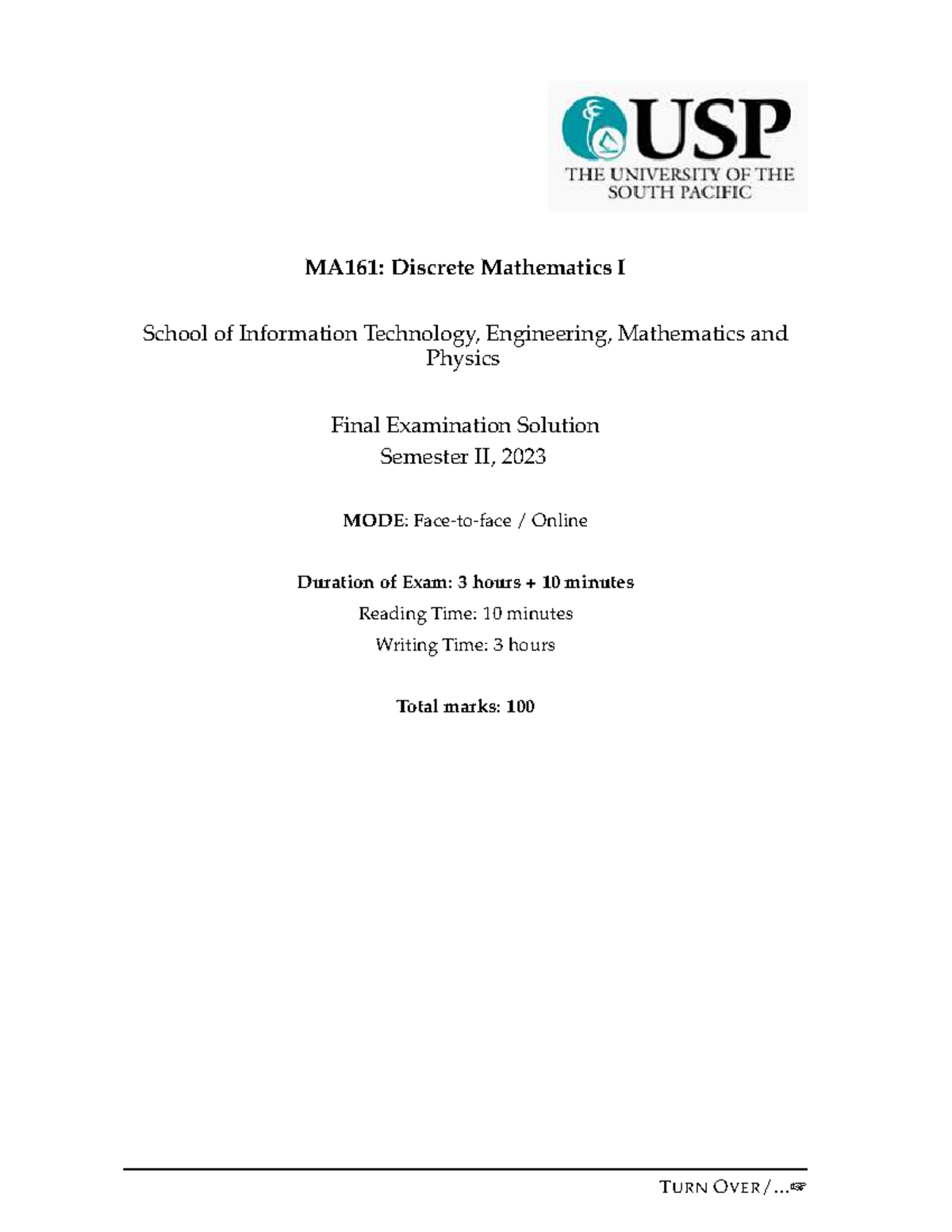 MA161 Final Exam Solutions 2023 - Discrete Mathematics I - Studocu